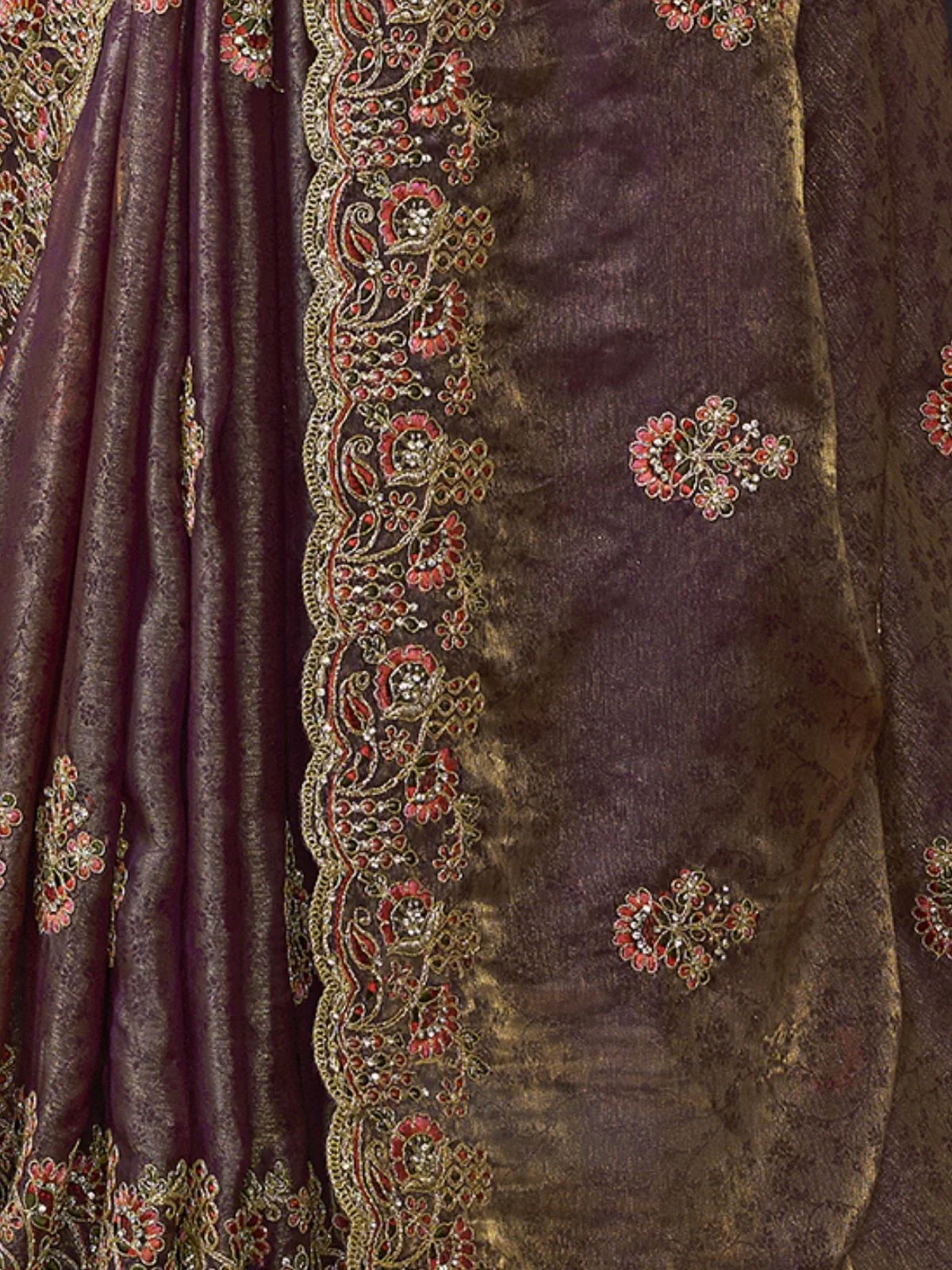 Odette Mauve Satin Embroidered Saree For Women - Image 3