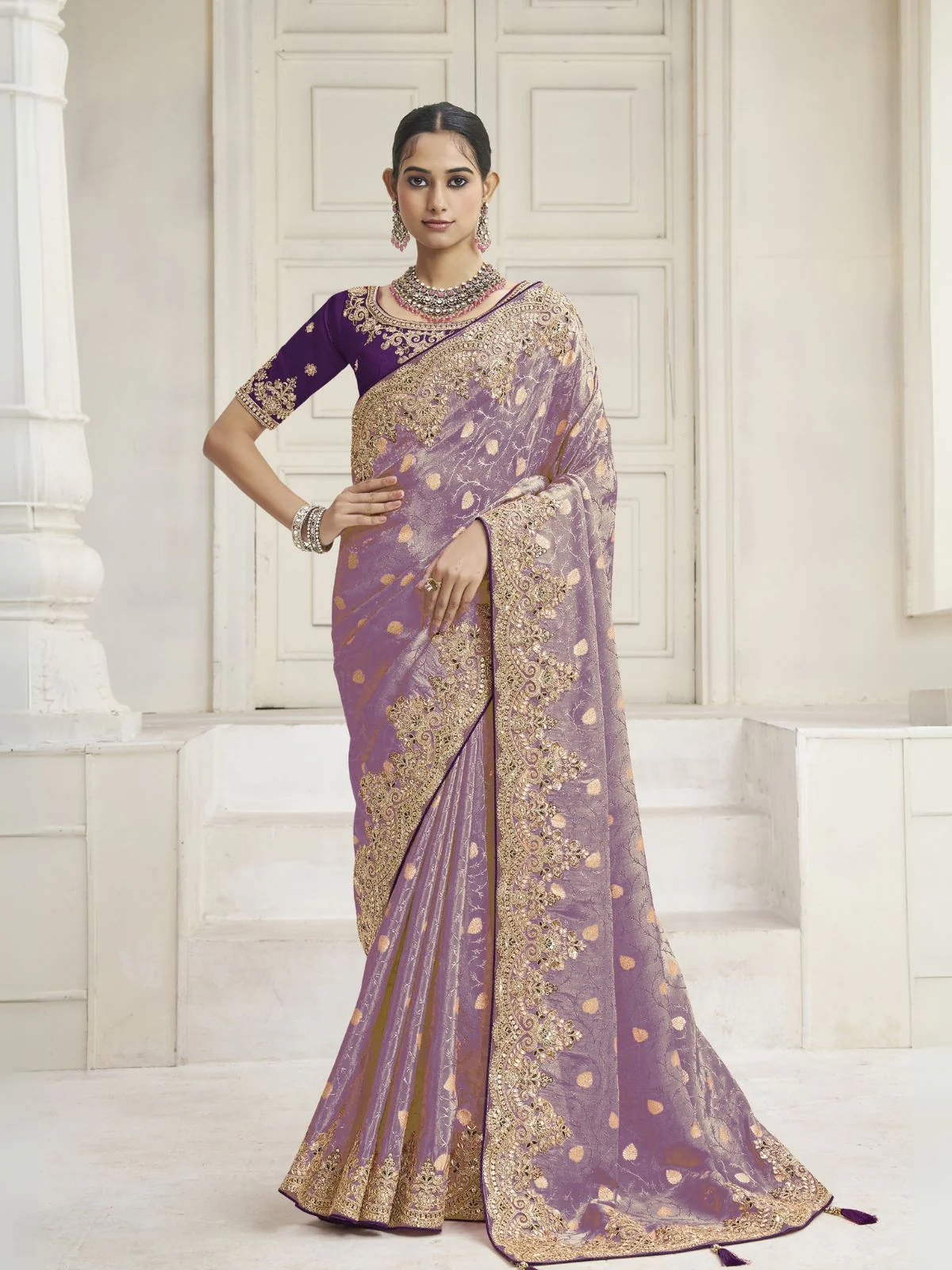 Odette Mauve Silk Blend Embroidered Saree For Women