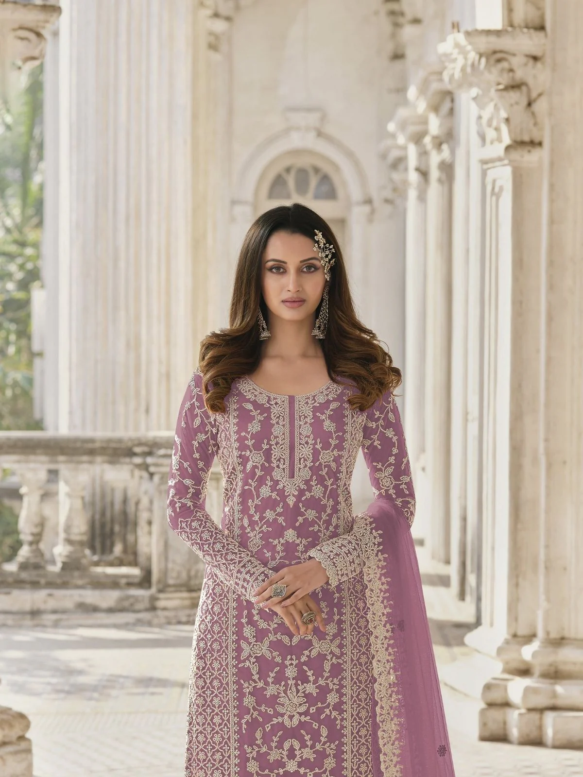 Odette Mauve Silk Blend Embroidered Semi Stitched Kurta Set For Women - Image 2