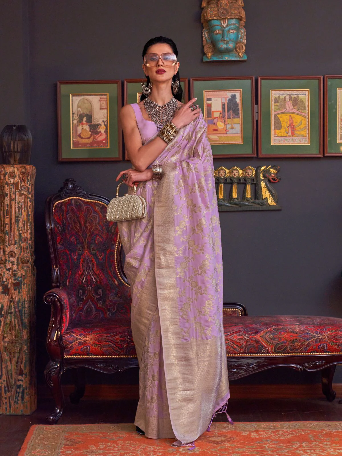 Odette Mauve Silk Blend Woven Saree With Unstitched Blouse For Women