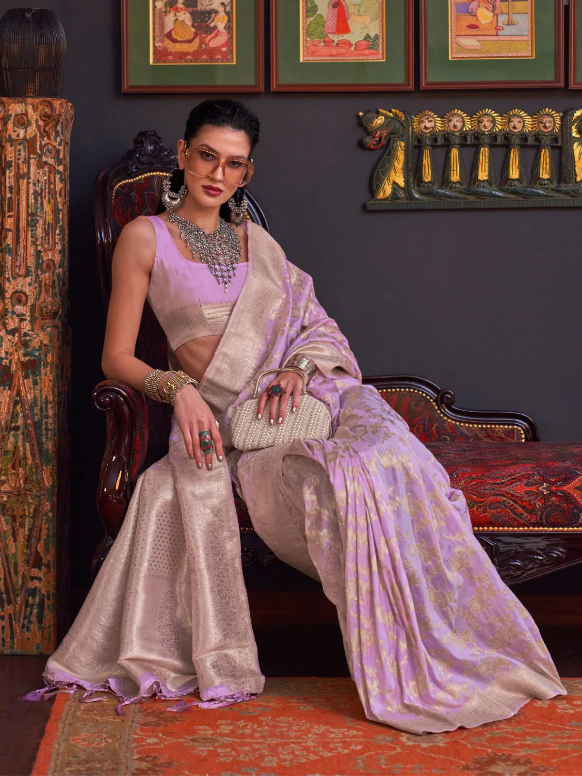 Odette Mauve Silk Blend Woven Saree With Unstitched Blouse For Women - Image 2