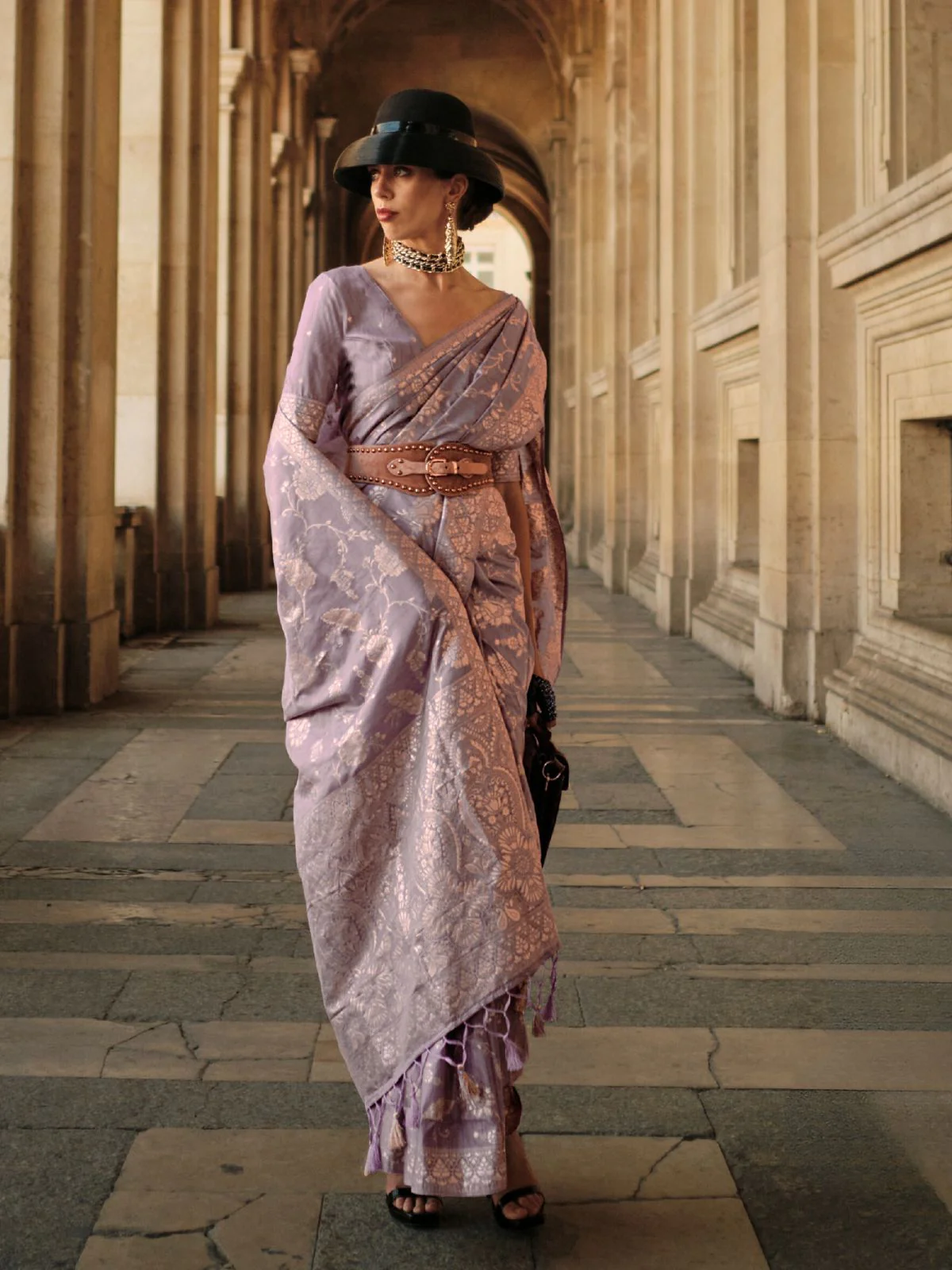 Odette Mauve Silk Blend Woven Saree With Unstitched Blouse For Women