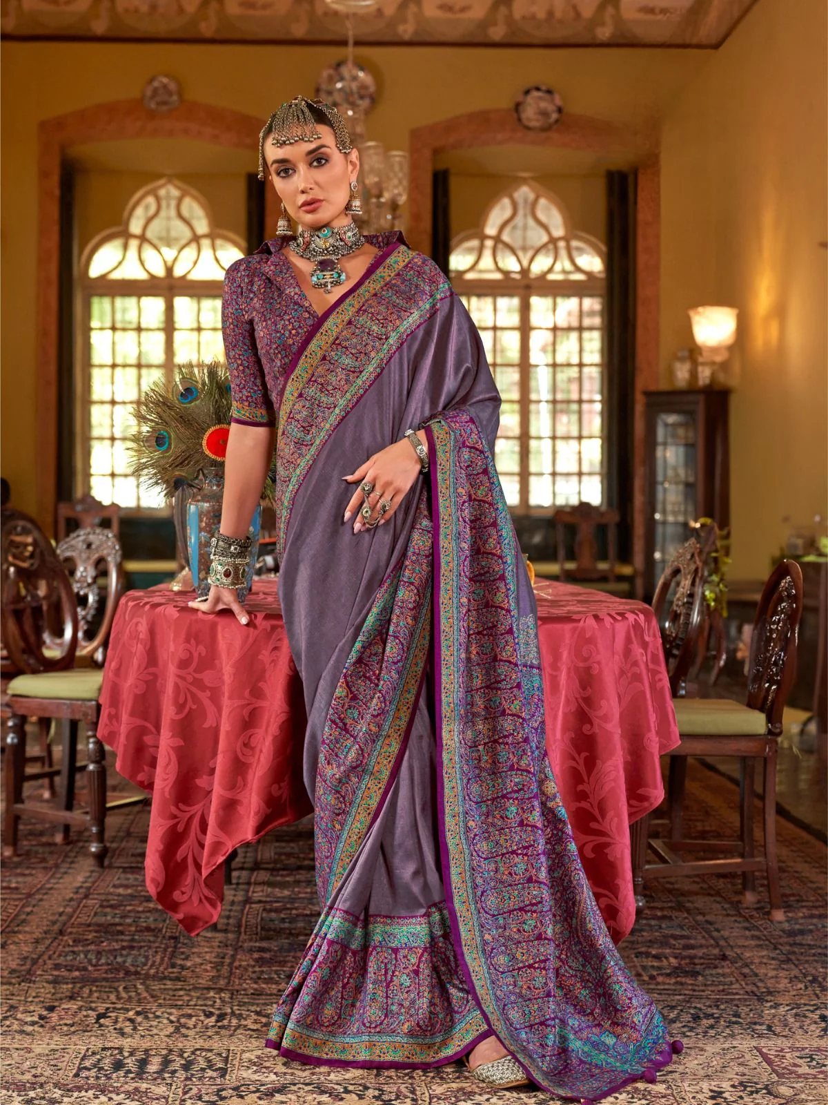 Odette Mauve Silk Blend Woven Saree With Unstitched Blouse For Women