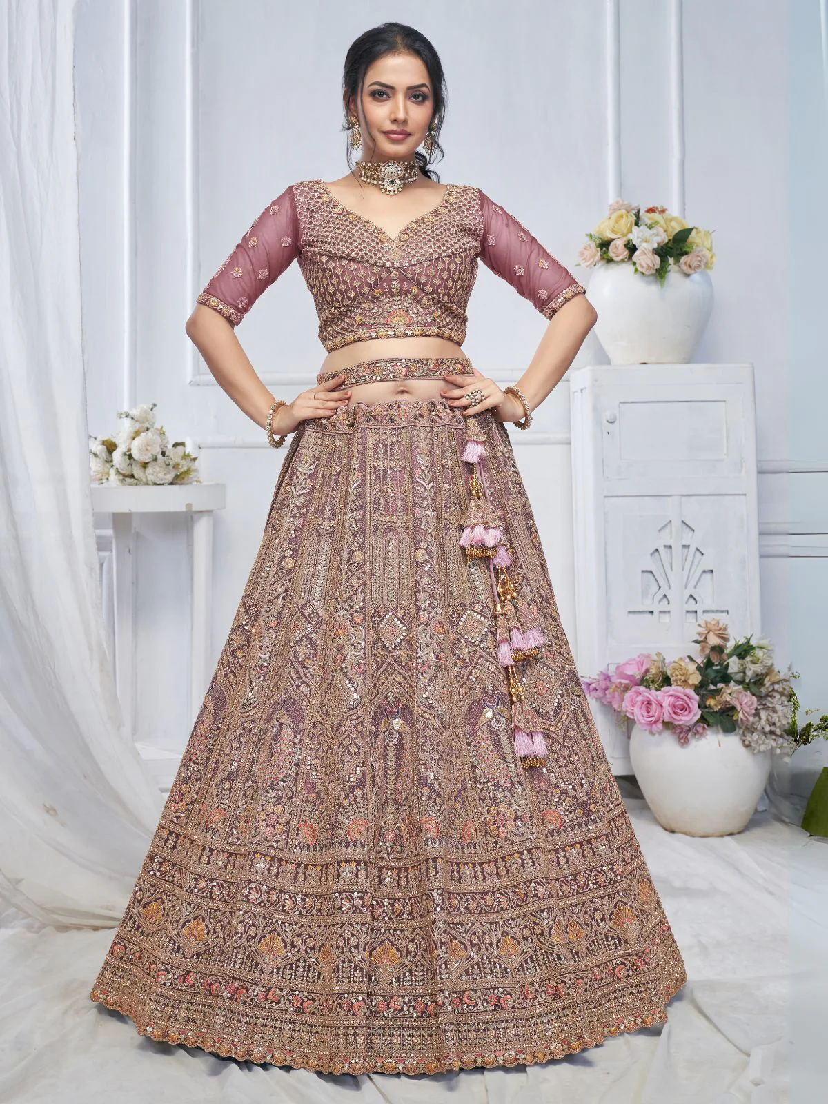 Odette Mauve Soft Net Embroidered Semi-Stitched Lehenga With Unstitched Blouse For Women - Image 2