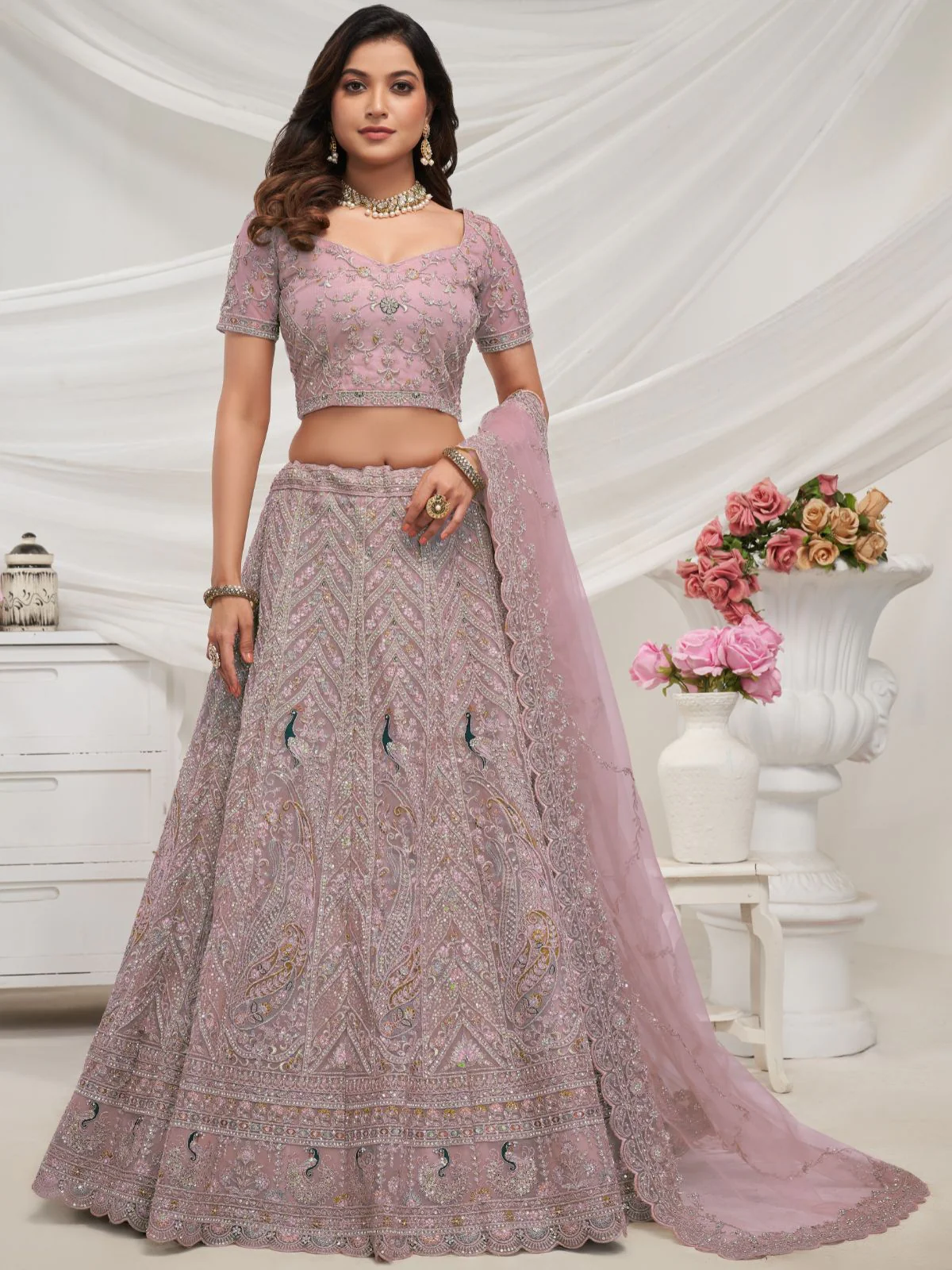 Odette Mauve Soft Net Embroidered Semi Stitched Lehenga With Unstitched Blouse For Women - Image 2