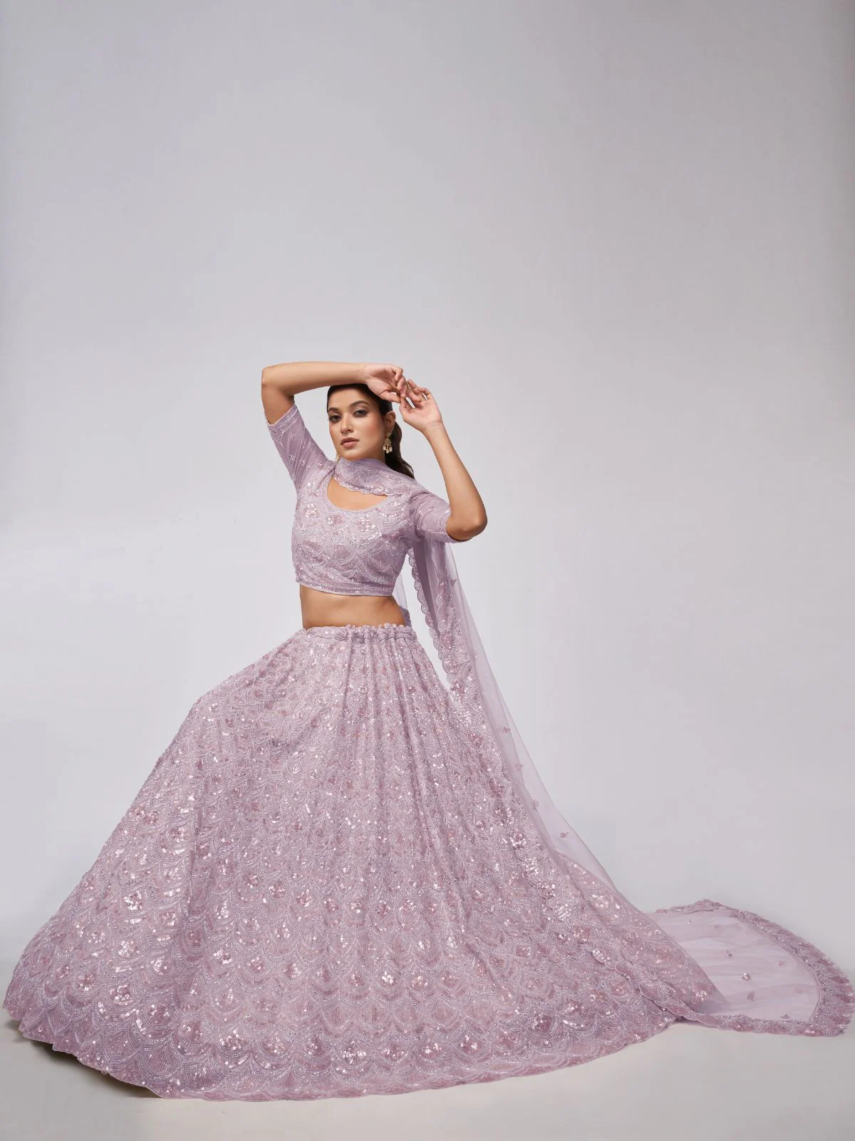 Odette Mauve Soft Net Embroidered Semi Stitched Lehenga With Unstitched Blouse For Women - Image 2