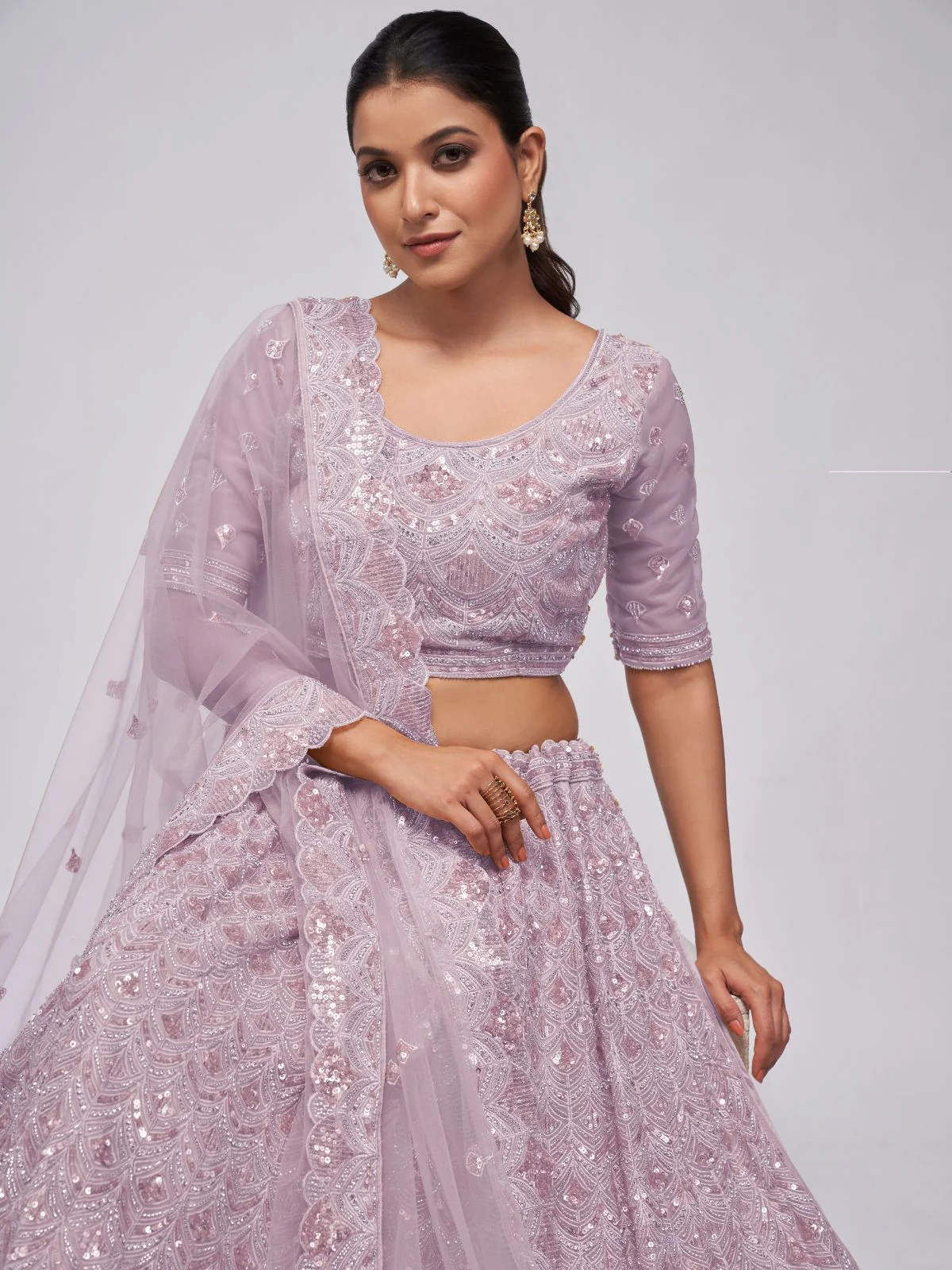 Odette Mauve Soft Net Embroidered Semi Stitched Lehenga With Unstitched Blouse For Women - Image 3