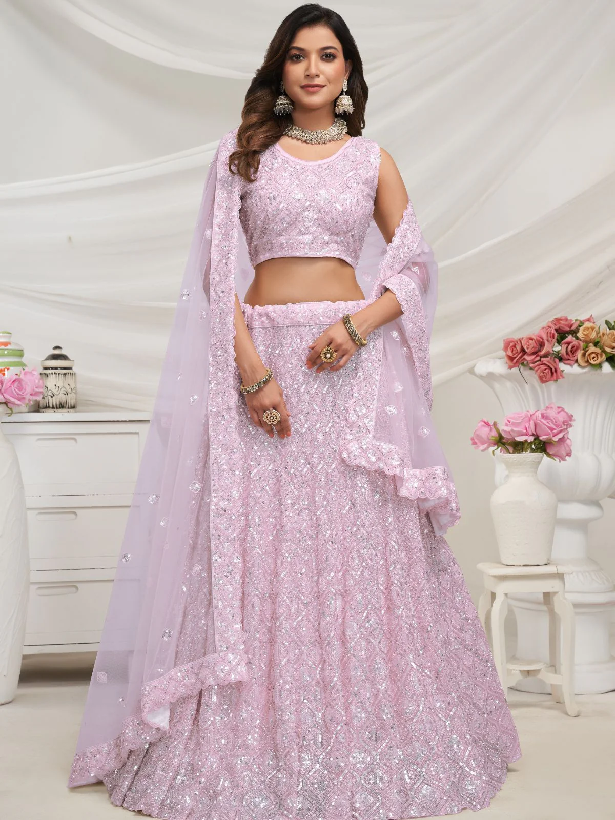 Odette Mauve Soft Net Embroidered Semi Stitched Lehenga With Unstitched Blouse For Women - Image 2