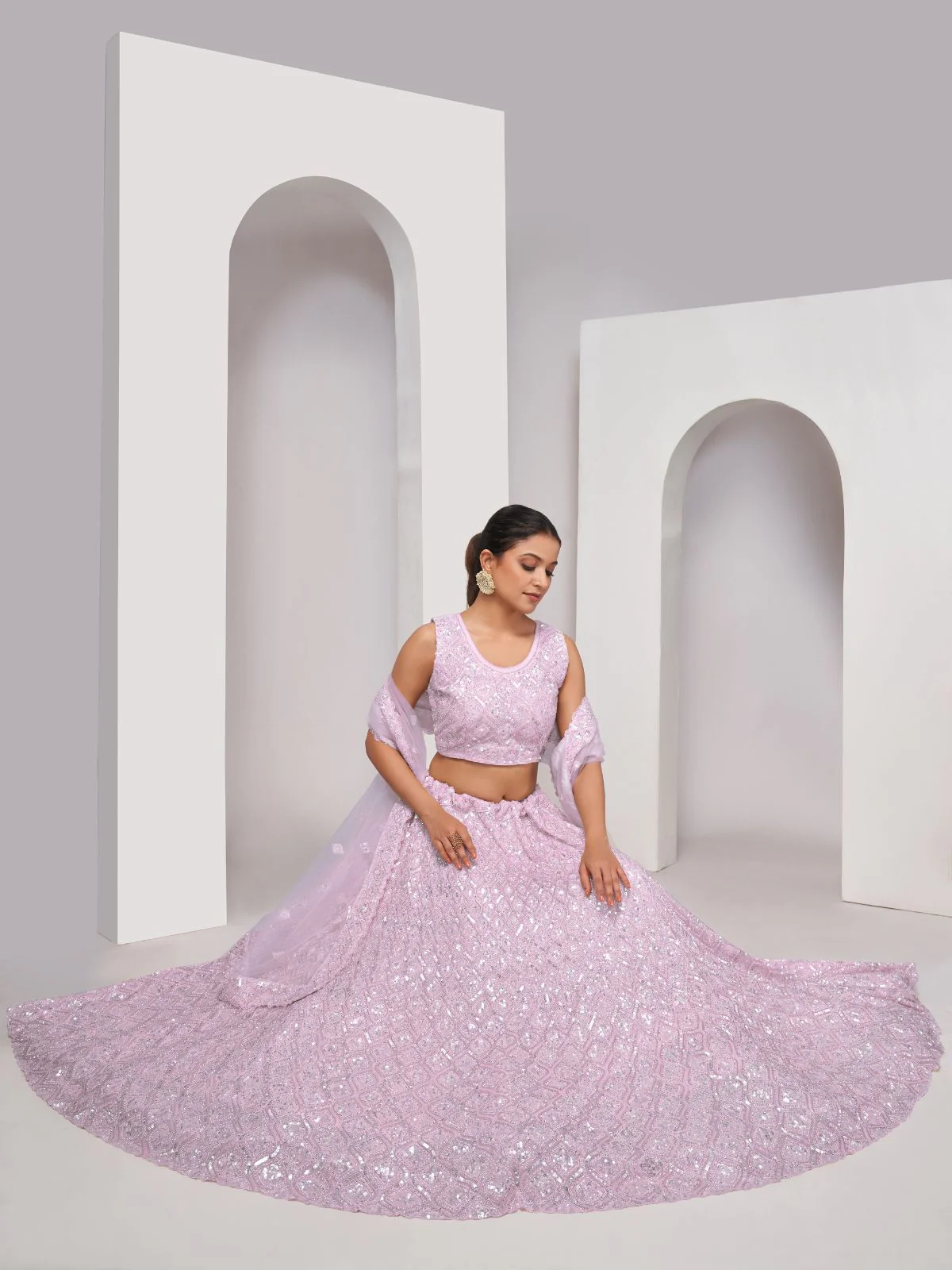 Odette Mauve Soft Net Embroidered Semi Stitched Lehenga With Unstitched Blouse For Women - Image 3