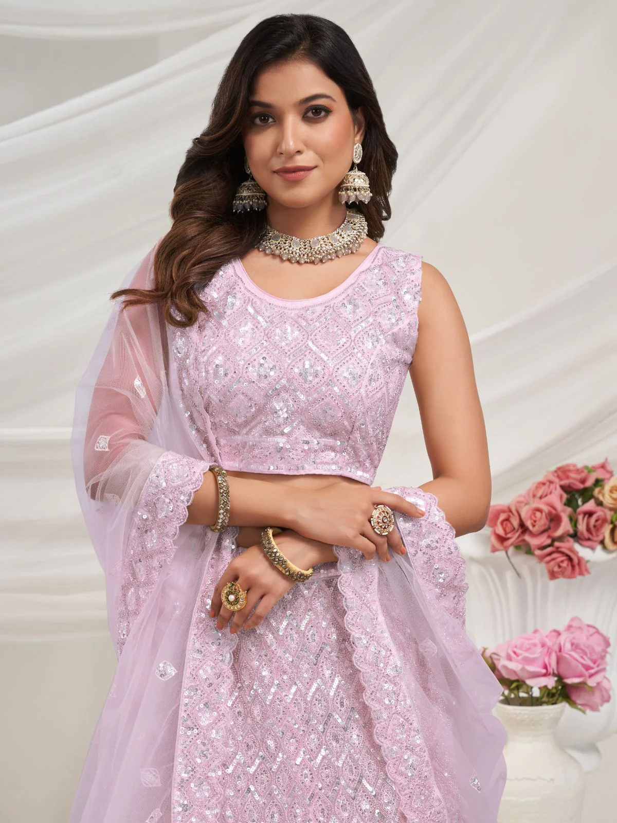 Odette Mauve Soft Net Embroidered Semi Stitched Lehenga With Unstitched Blouse For Women - Image 4