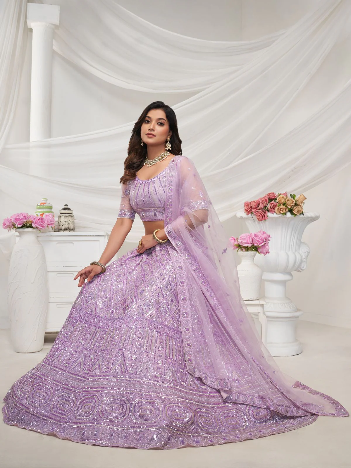 Odette Mauve Soft Net Embroidered Semi Stitched Lehenga With Unstitched Blouse For Women - Image 2