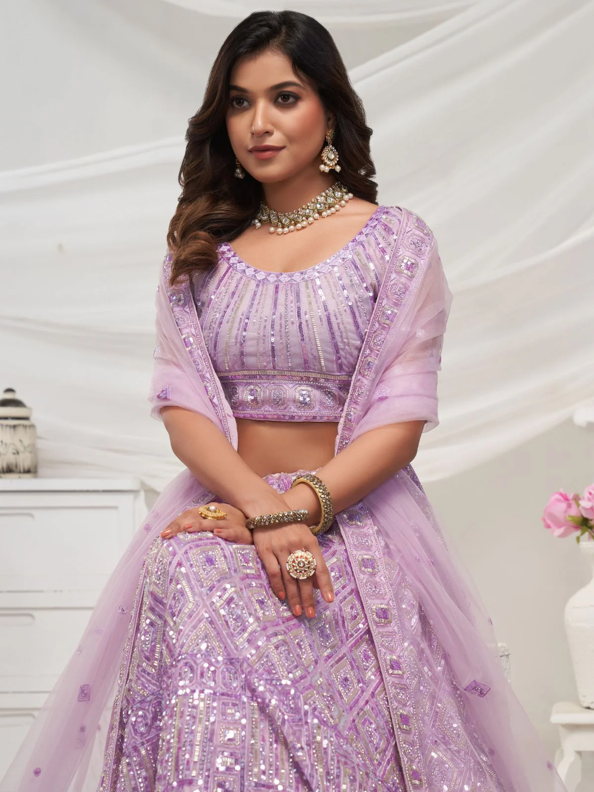 Odette Mauve Soft Net Embroidered Semi Stitched Lehenga With Unstitched Blouse For Women - Image 3