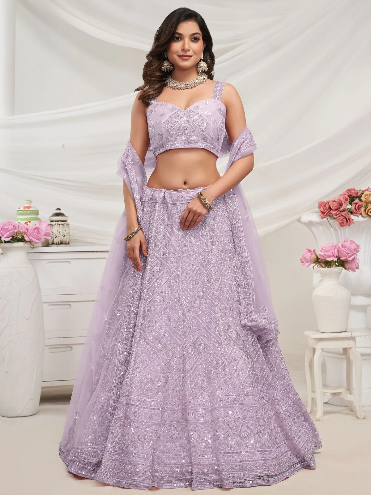 Odette Mauve Soft Net Embroidered Semi Stitched Lehenga With Unstitched Blouse For Women - Image 2