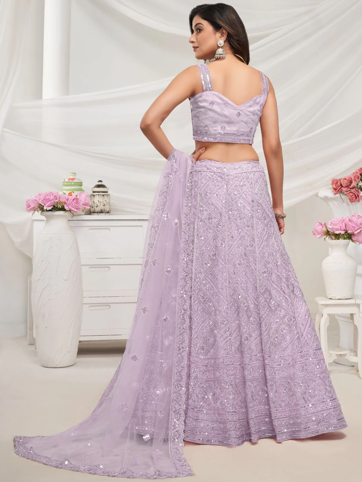 Odette Mauve Soft Net Embroidered Semi Stitched Lehenga With Unstitched Blouse For Women - Image 5