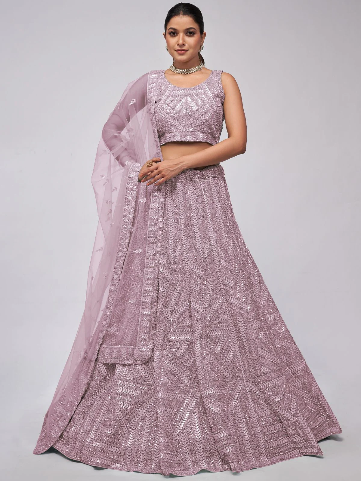 Odette Mauve Soft Net Embroidered Semi Stitched Lehenga With Unstitched Blouse For Women