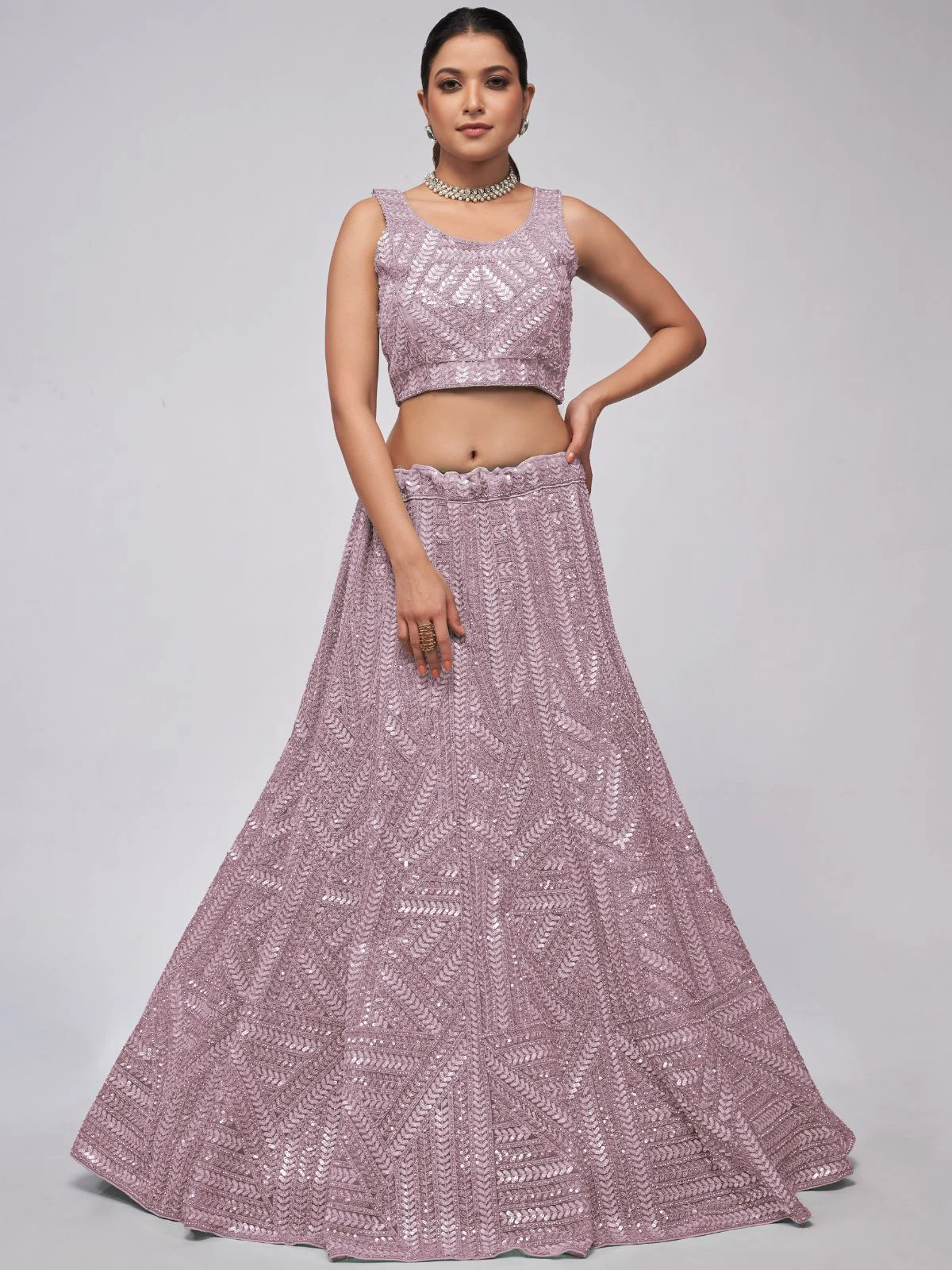 Odette Mauve Soft Net Embroidered Semi Stitched Lehenga With Unstitched Blouse For Women - Image 2