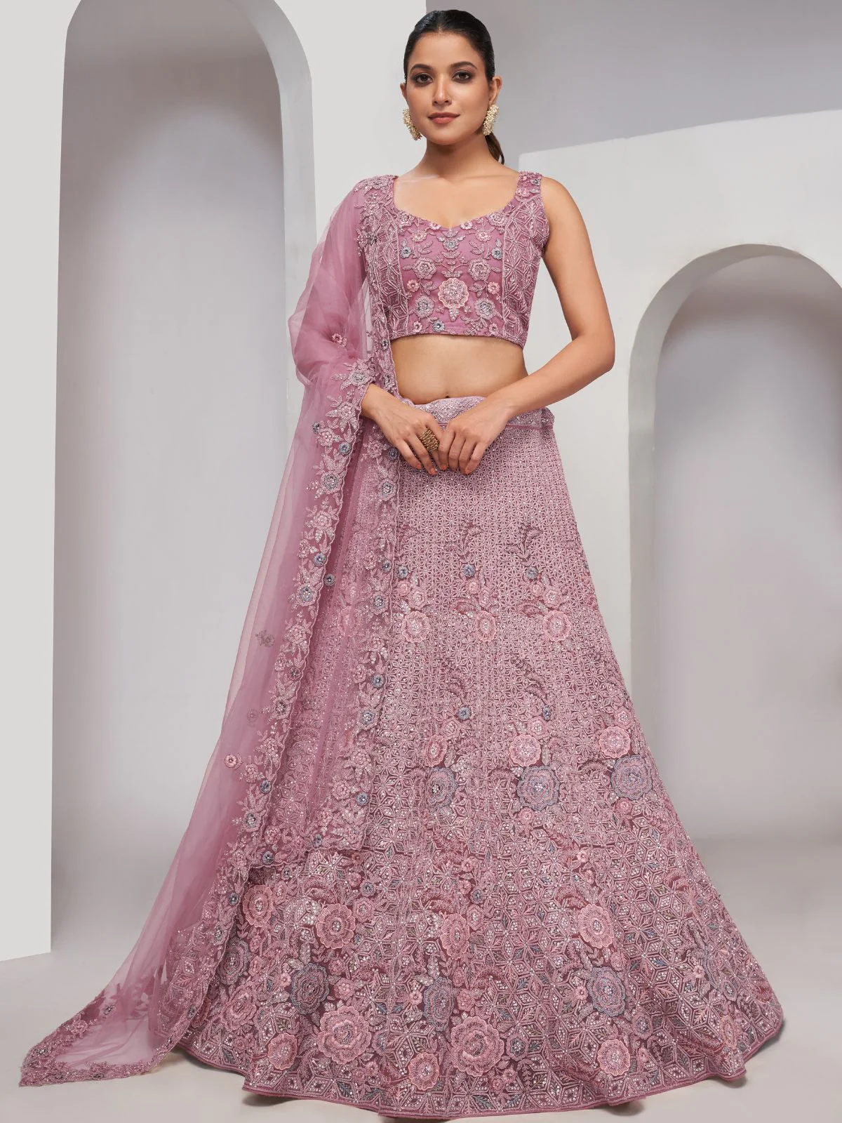 Odette Mauve Soft Net Embroidered Semi Stitched Lehenga With Unstitched Blouse For Women