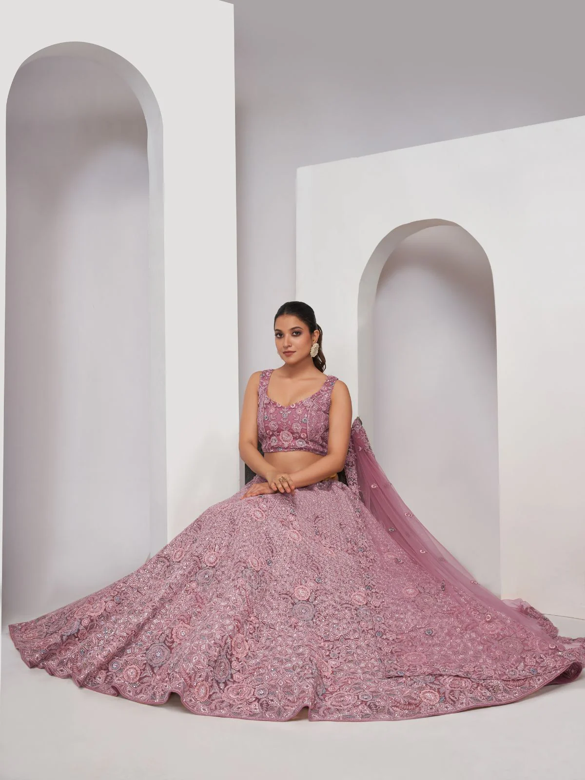 Odette Mauve Soft Net Embroidered Semi Stitched Lehenga With Unstitched Blouse For Women - Image 2