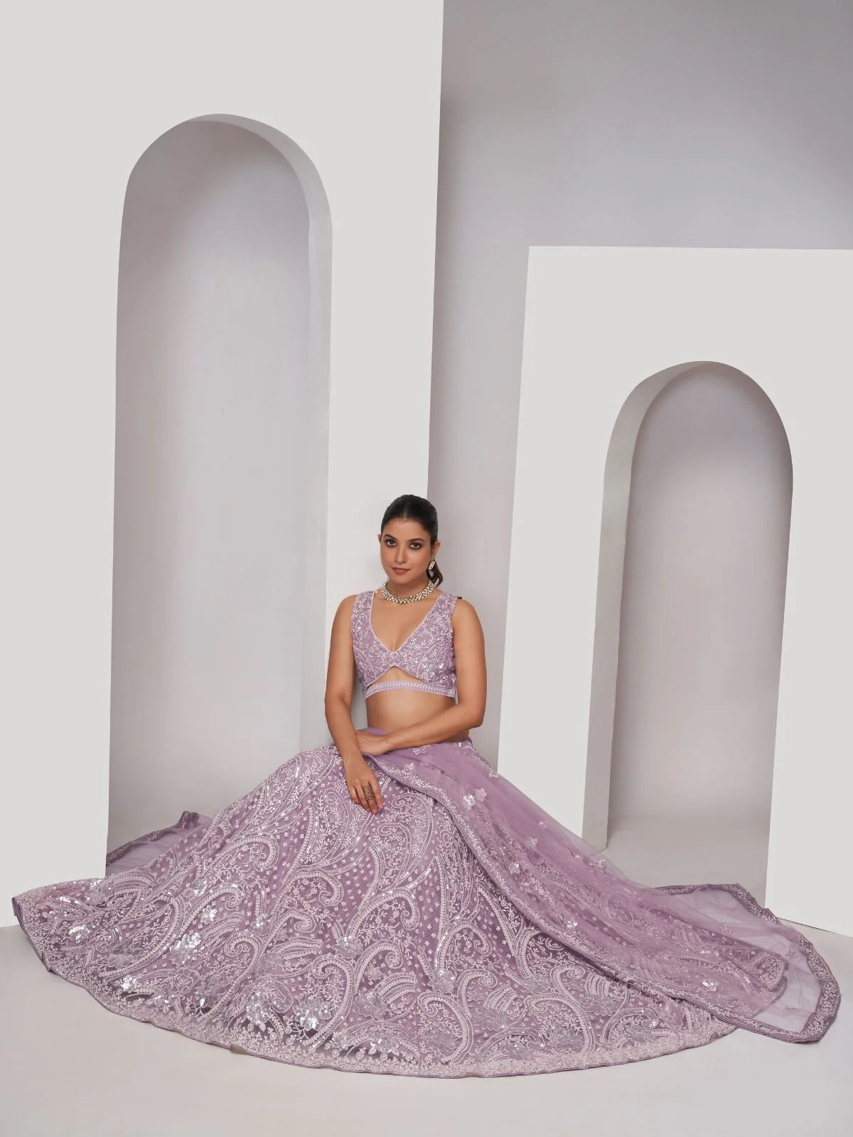 Odette Mauve Soft Net Embroidered Semi Stitched Lehenga With Unstitched Blouse For Women - Image 2