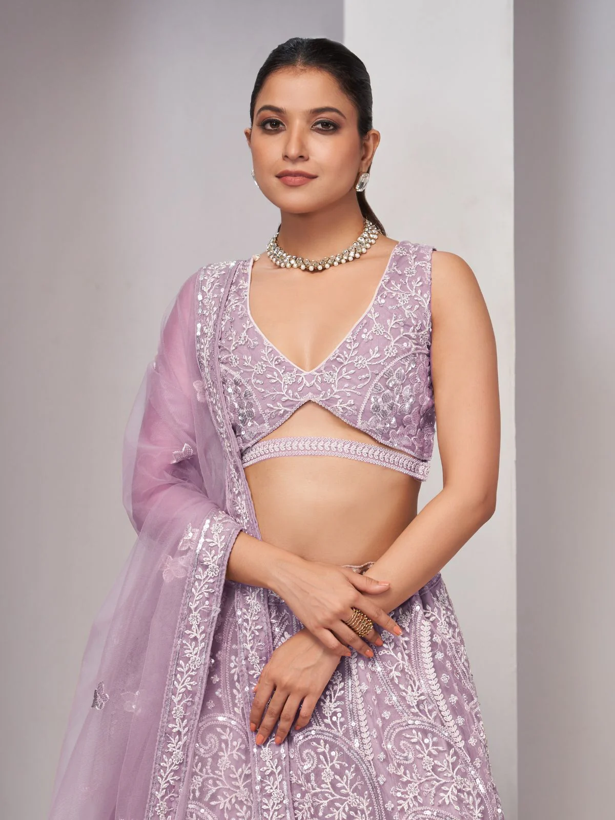 Odette Mauve Soft Net Embroidered Semi Stitched Lehenga With Unstitched Blouse For Women - Image 3