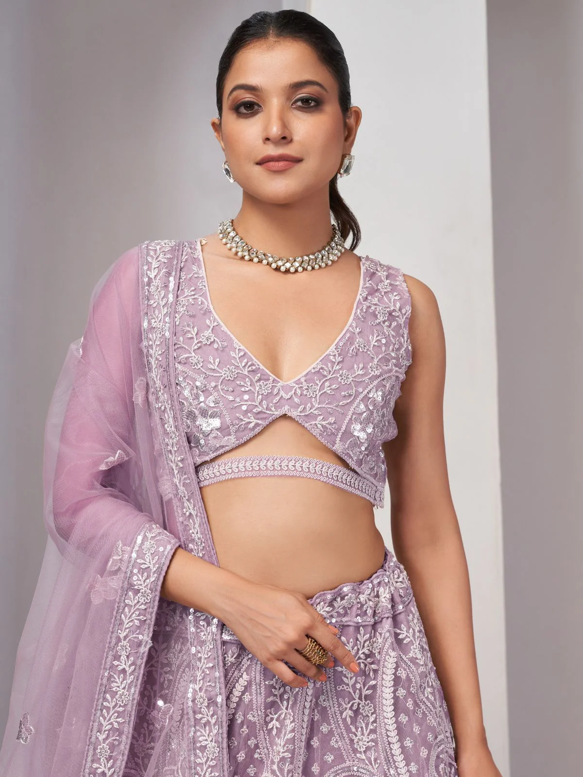 Odette Mauve Soft Net Embroidered Semi Stitched Lehenga With Unstitched Blouse For Women - Image 4