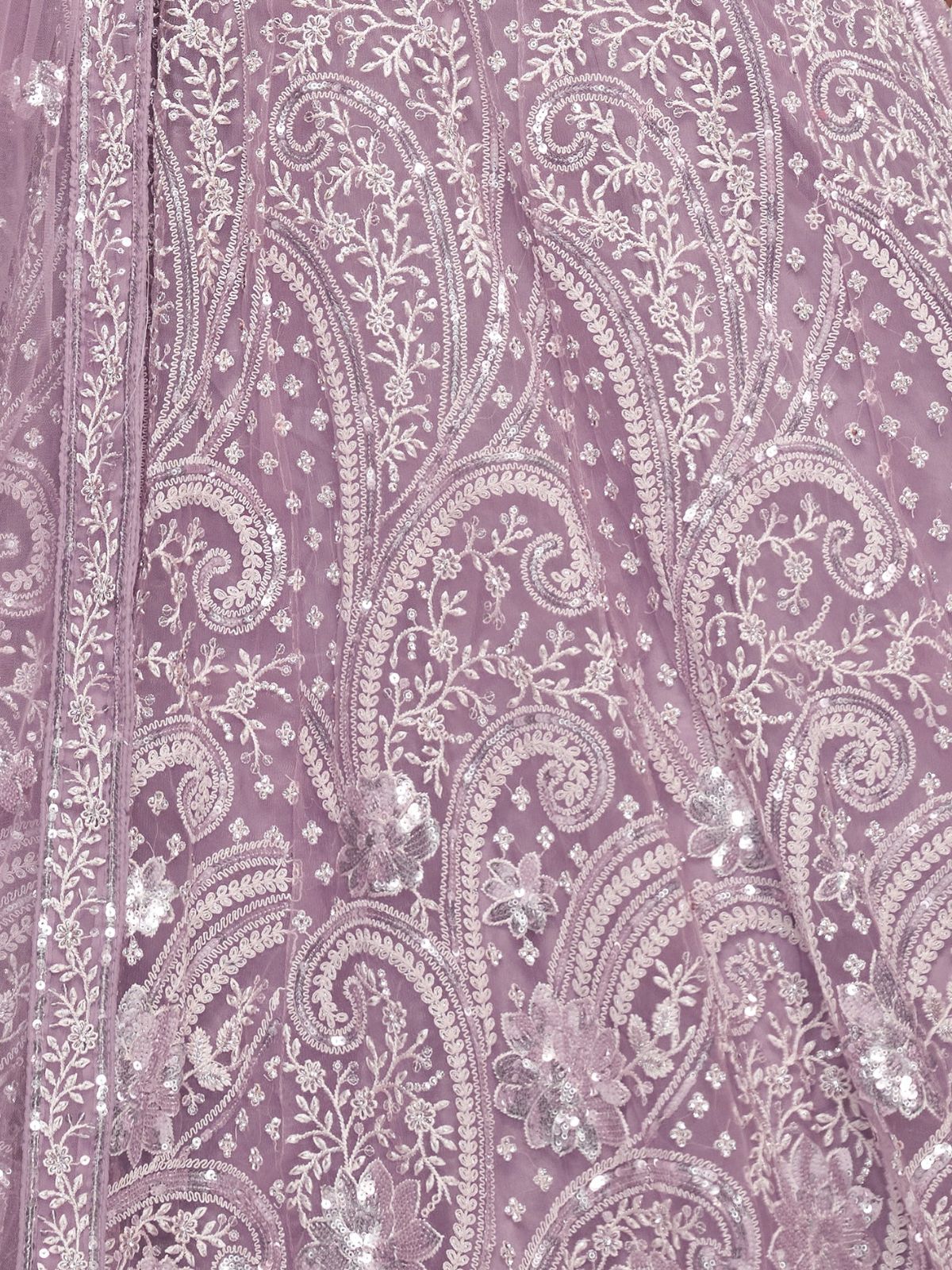 Odette Mauve Soft Net Embroidered Semi Stitched Lehenga With Unstitched Blouse For Women - Image 6
