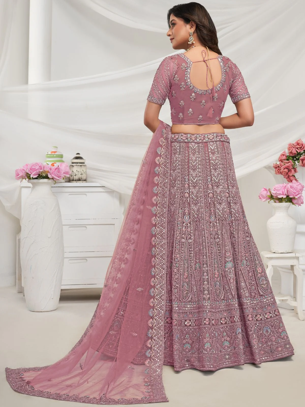 Odette Mauve Soft Net Embroidered Semi Stitched Lehenga With Unstitched Blouse For Women - Image 4