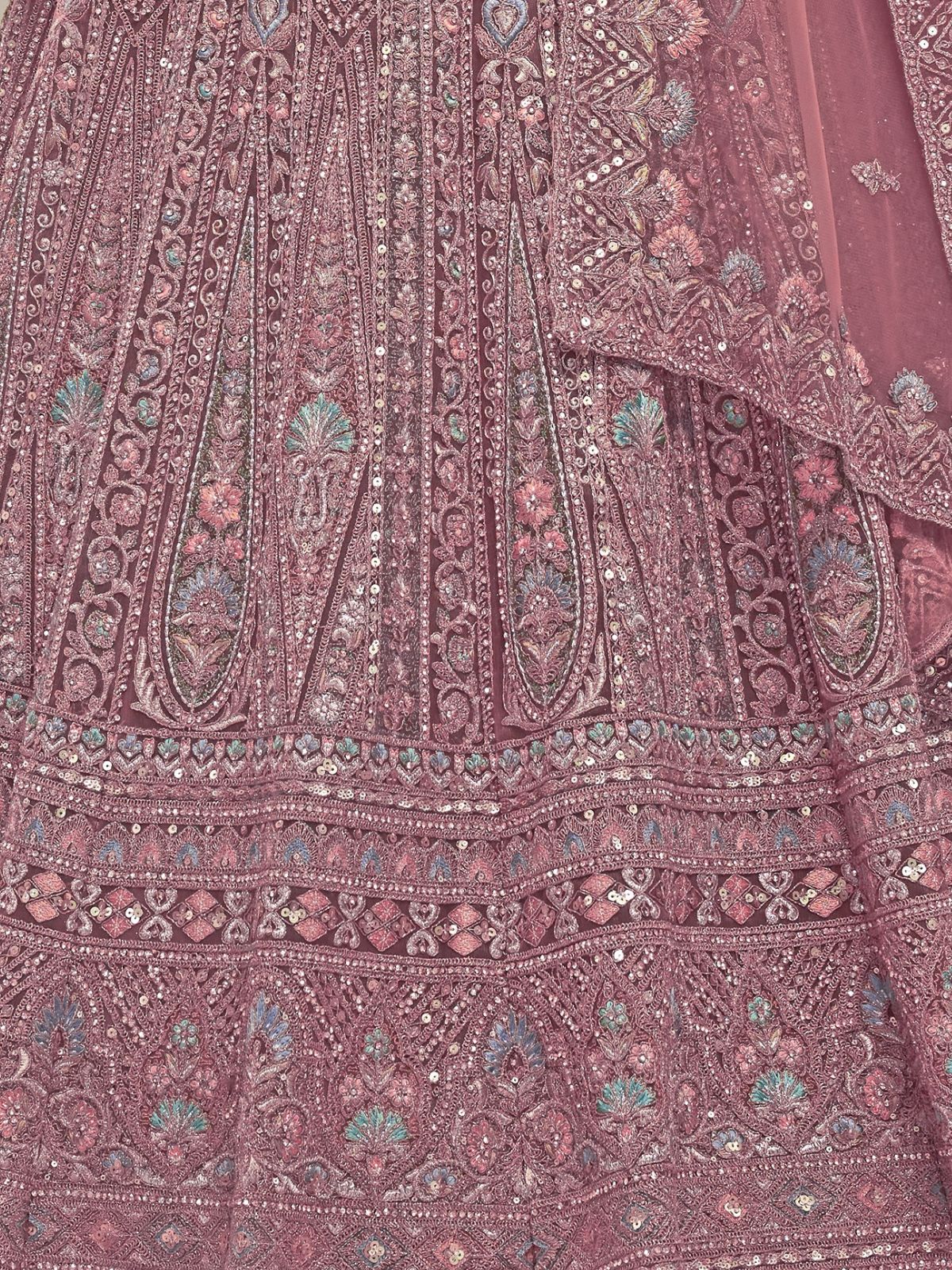 Odette Mauve Soft Net Embroidered Semi Stitched Lehenga With Unstitched Blouse For Women - Image 5