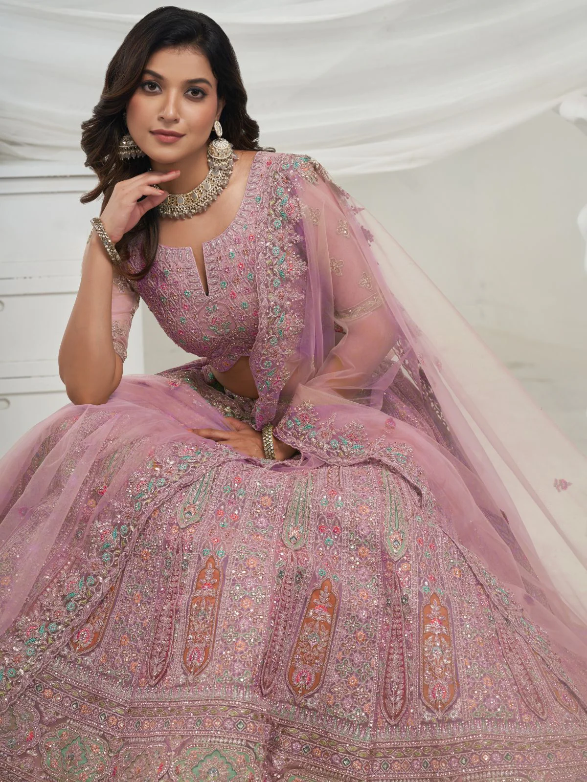 Odette Mauve Soft Net Embroidered Semi Stitched Lehenga With Unstitched Blouse For Women - Image 3
