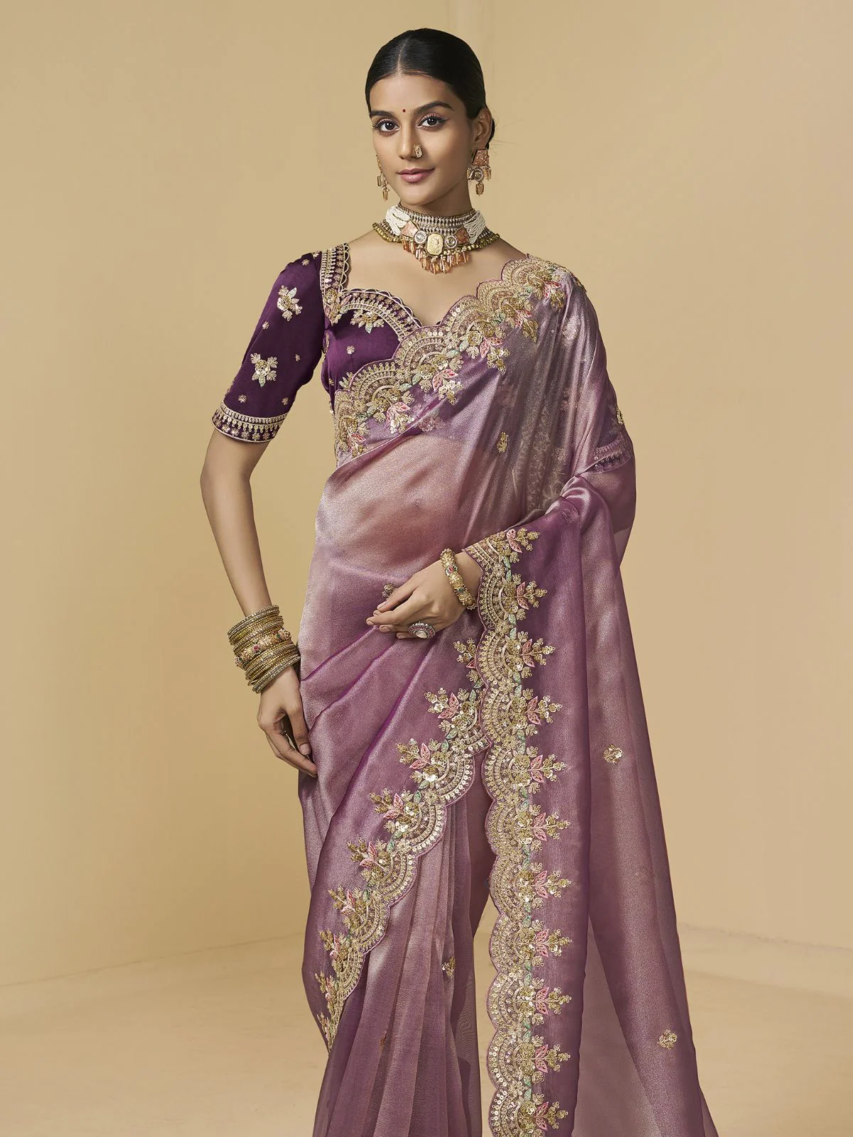 Odette Mauve Tissue Embellished Saree For Women - Image 2