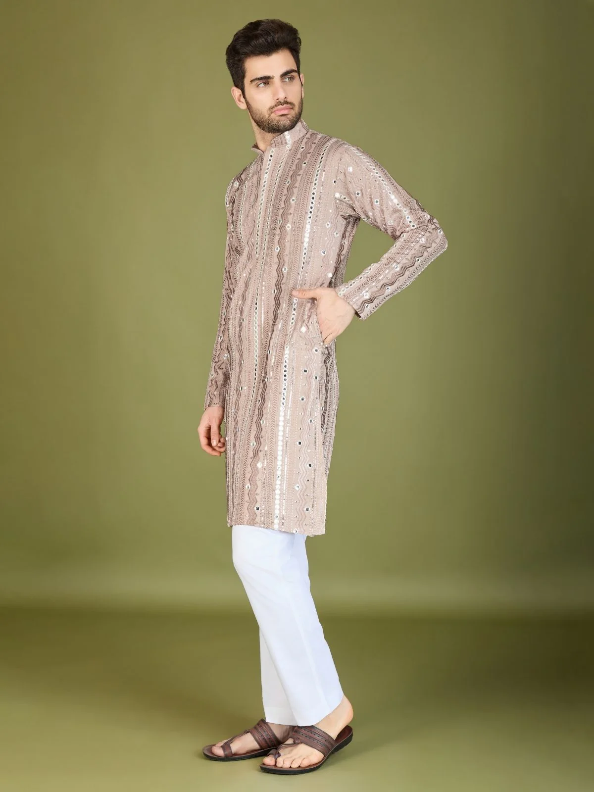 Odette Mauve Viscose Rayon Embroidered Stitched Kurta For Men - Image 3