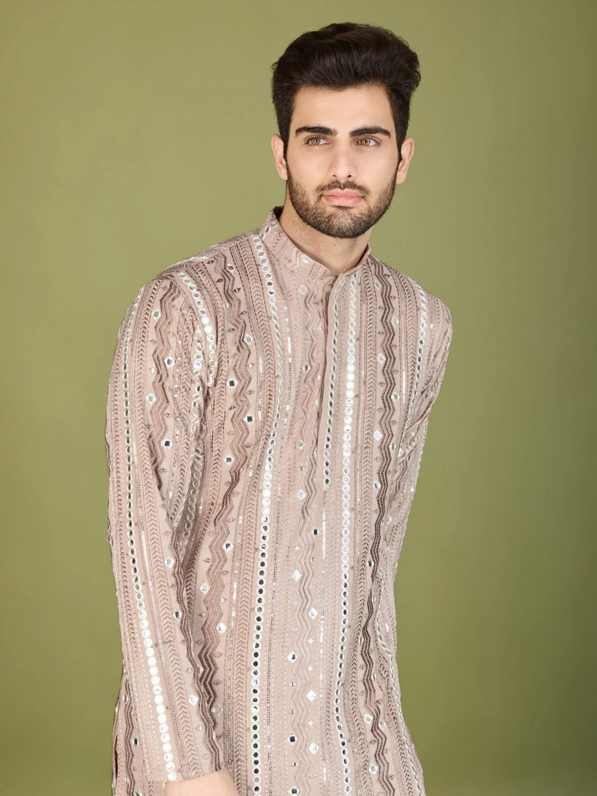 Odette Mauve Viscose Rayon Embroidered Stitched Kurta For Men - Image 5