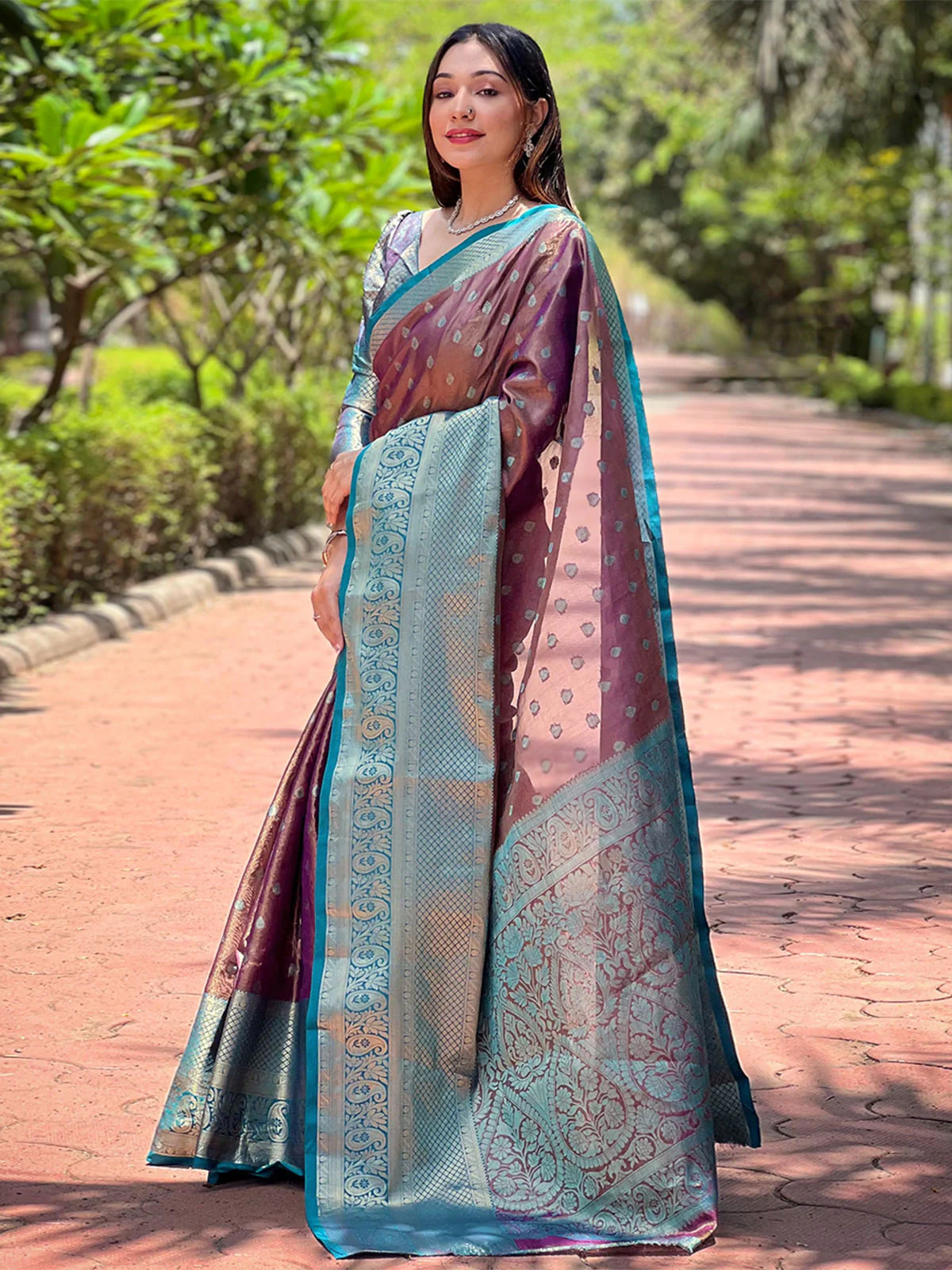Odette Mauve Woven Design Tissue Silk Saree With Unstitched Blouse For Women - Image 2
