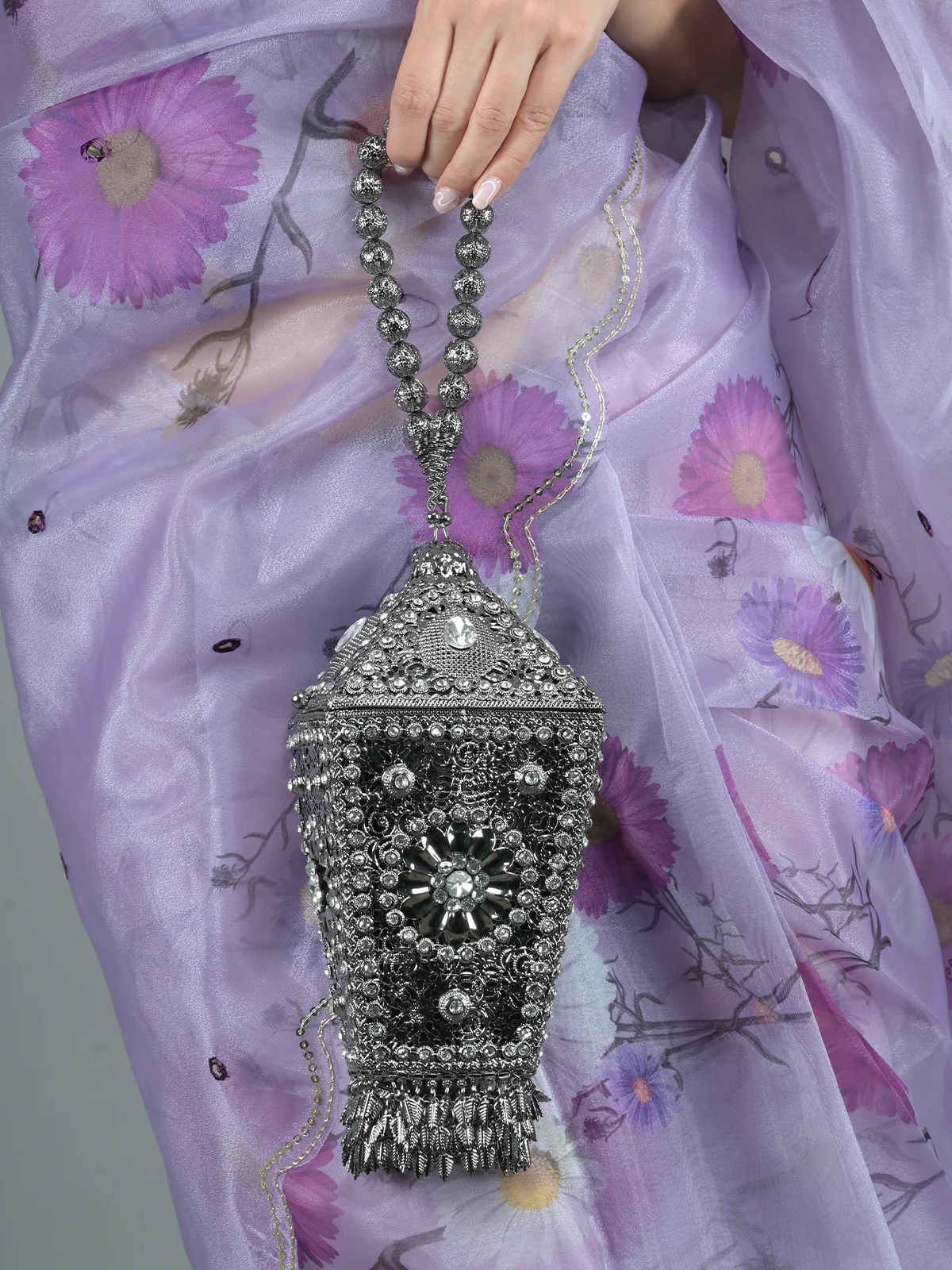 Odette Metallic Grey Embellished Clutch for Women - Image 2