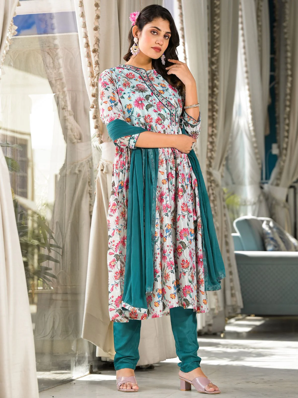 Odette Multicolor Printed Silk Blend Stitched Kurta Set For Women