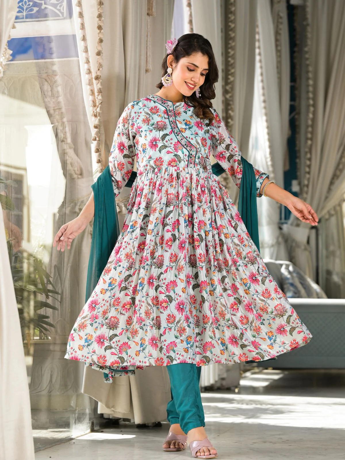 Odette Multicolor Printed Silk Blend Stitched Kurta Set For Women - Image 4