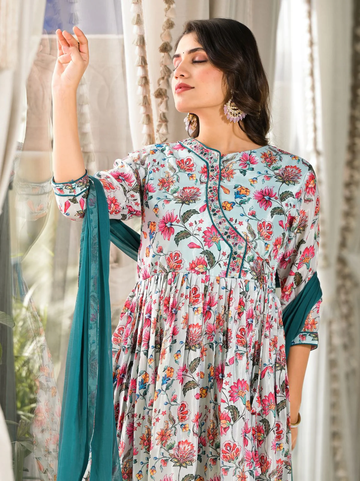 Odette Multicolor Printed Silk Blend Stitched Kurta Set For Women - Image 6