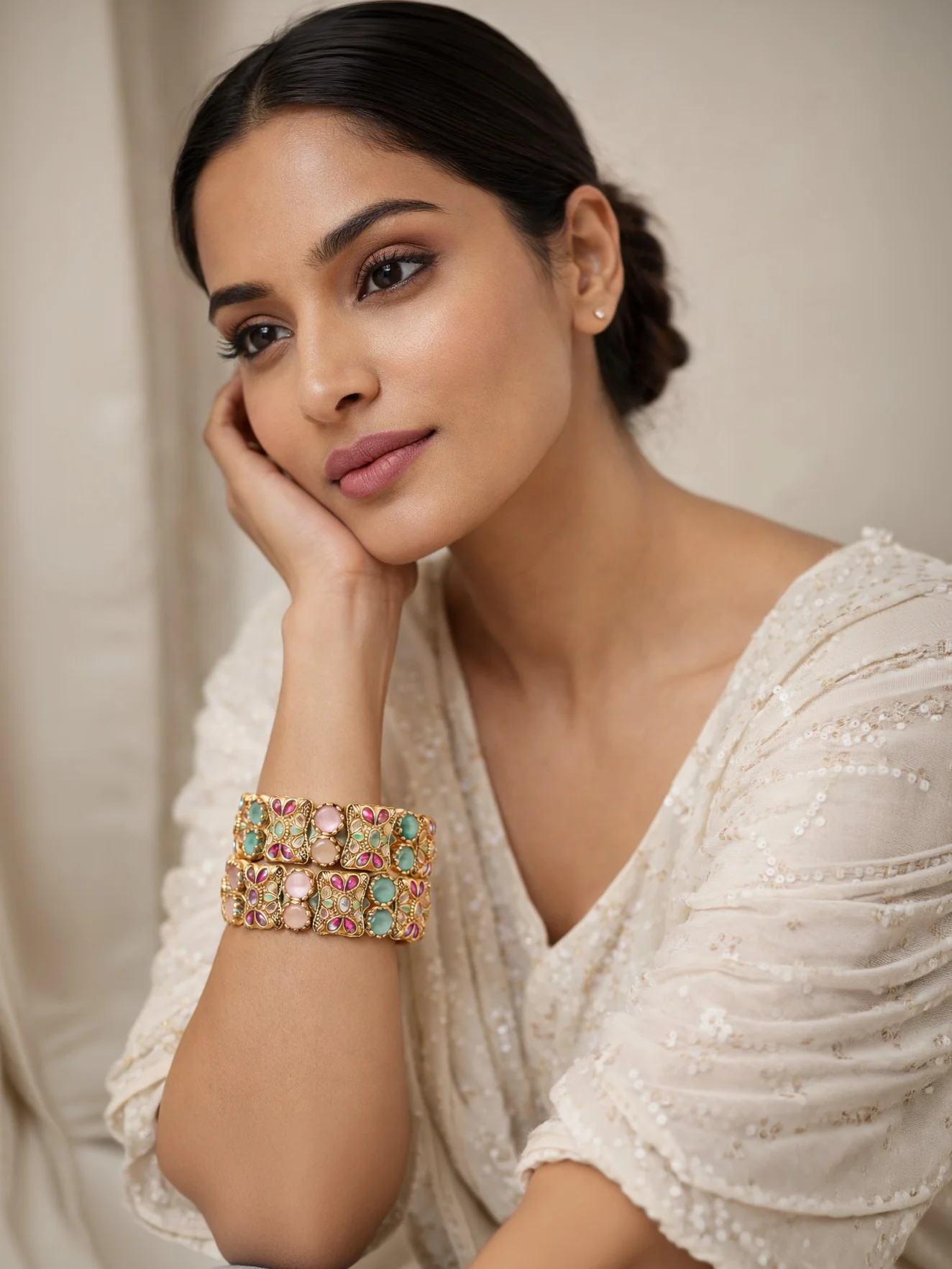 Odette Multi Colour Alloy Beaded And Stone Bangles For Women - Image 2