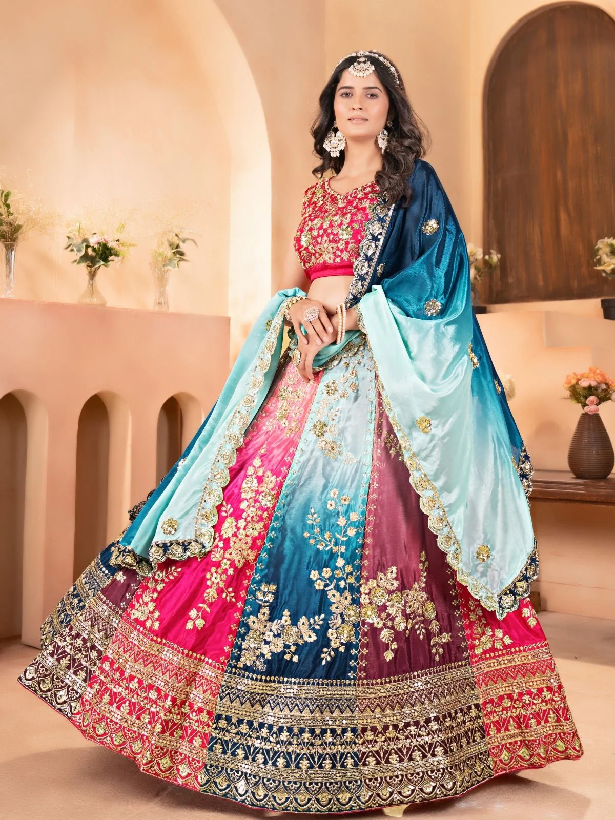 Odette Multi Colour Chinon Embellished Semi Stitched Lehenga For Women - Image 2
