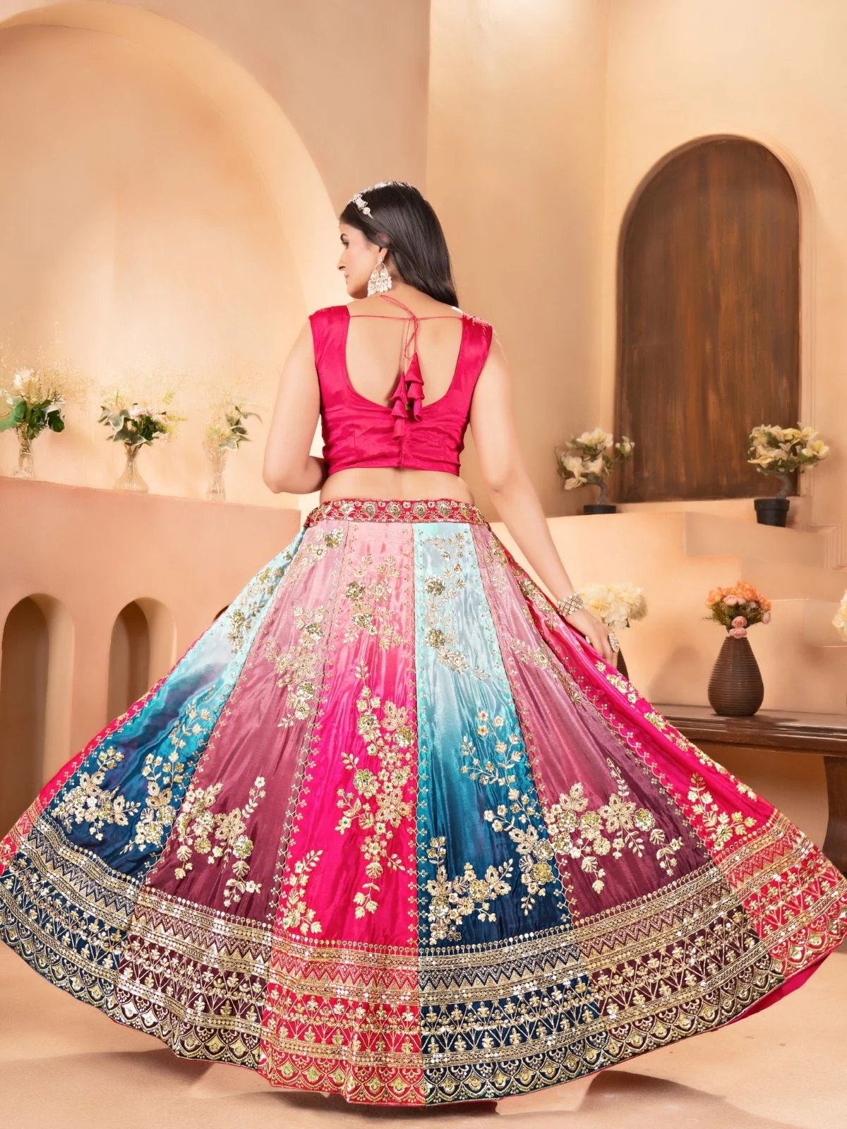 Odette Multi Colour Chinon Embellished Semi Stitched Lehenga For Women - Image 3
