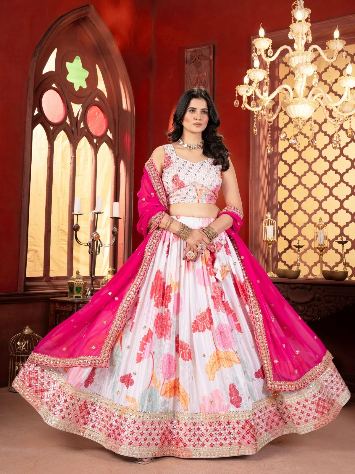 Odette Multi Colour Chinon Embellished Semi Stitched Lehenga For Women - Image 2