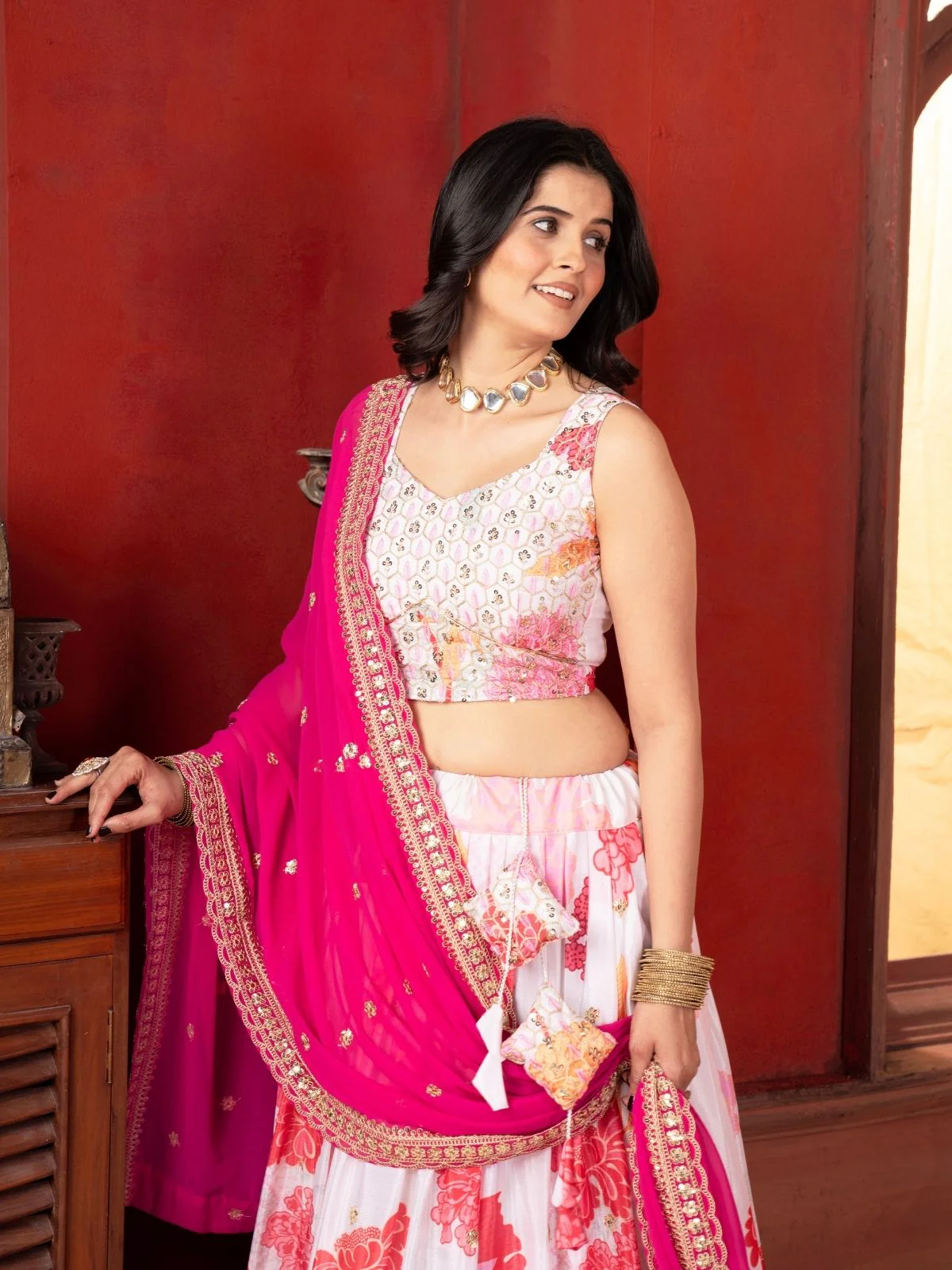 Odette Multi Colour Chinon Embellished Semi Stitched Lehenga For Women - Image 4