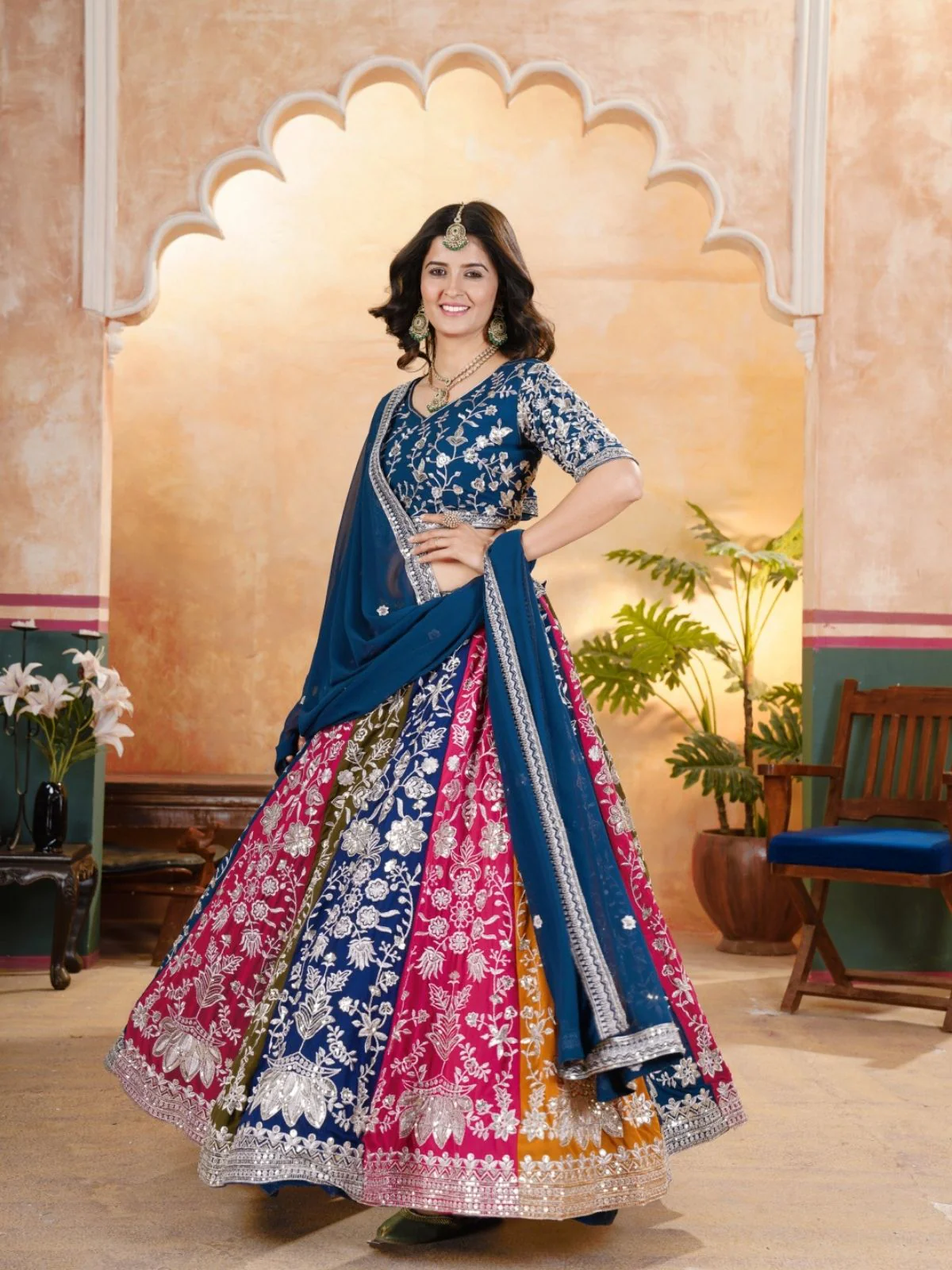 Odette Multi Colour Georgette Embellished Semi Stitched Lehenga For Women - Image 2