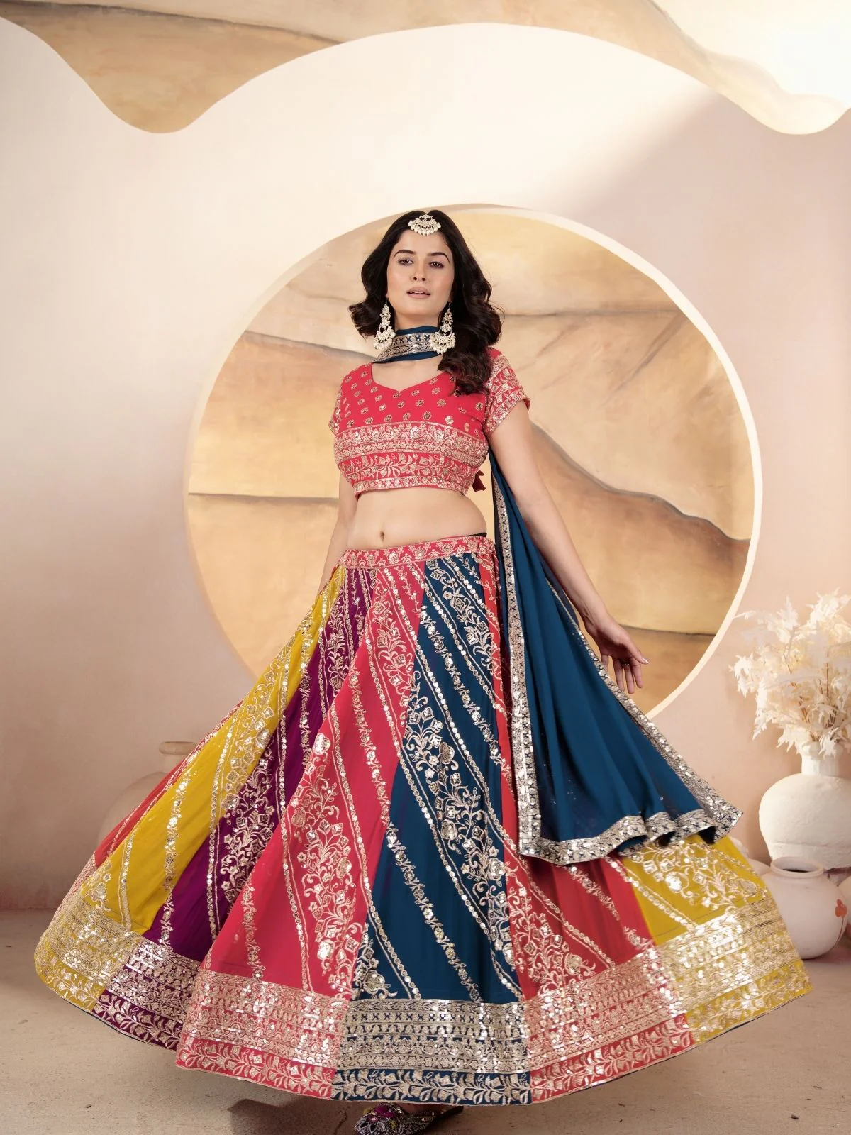 Odette Multi Colour Georgette Embellished Semi Stitched Lehenga For Women - Image 2