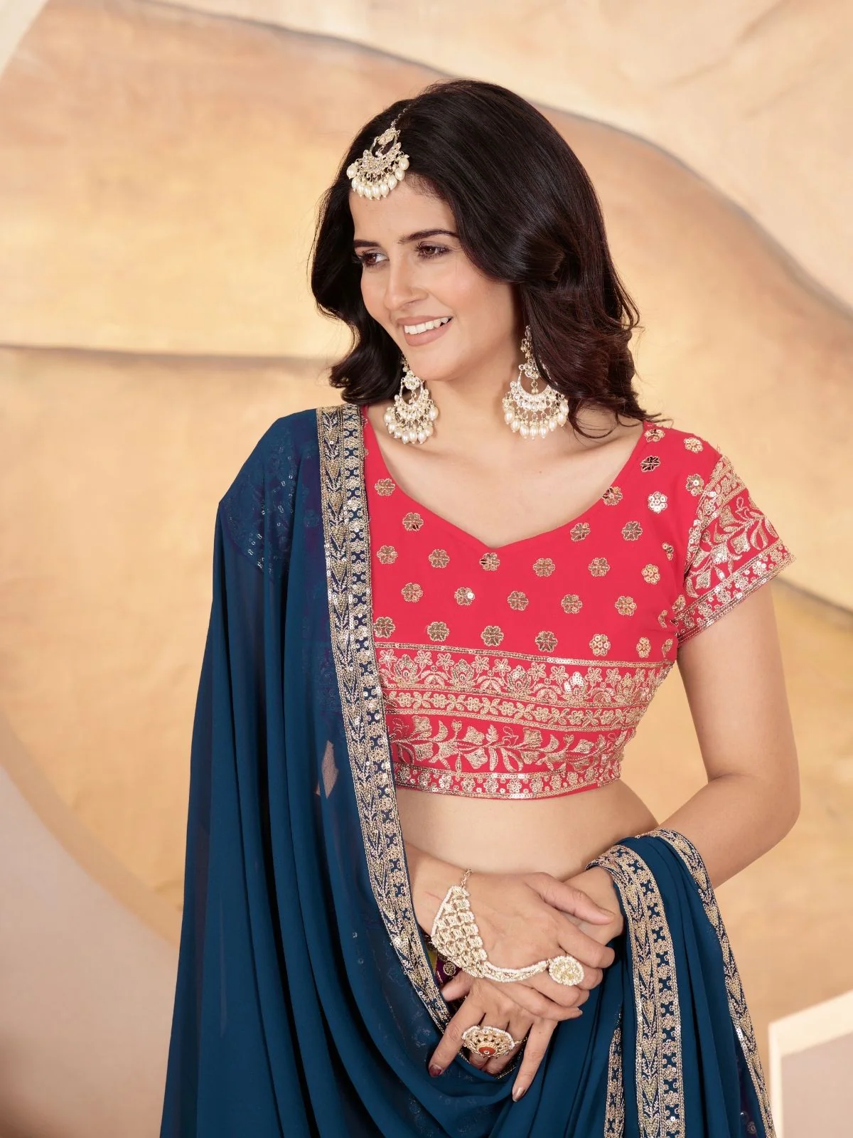 Odette Multi Colour Georgette Embellished Semi Stitched Lehenga For Women - Image 4