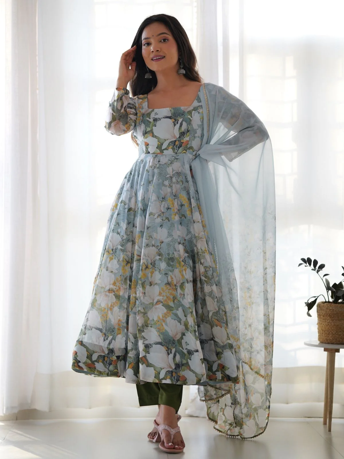 Odette Multi-colour Organza Silk Floral Digital Print Stitched Kurta Set For Women - Image 2