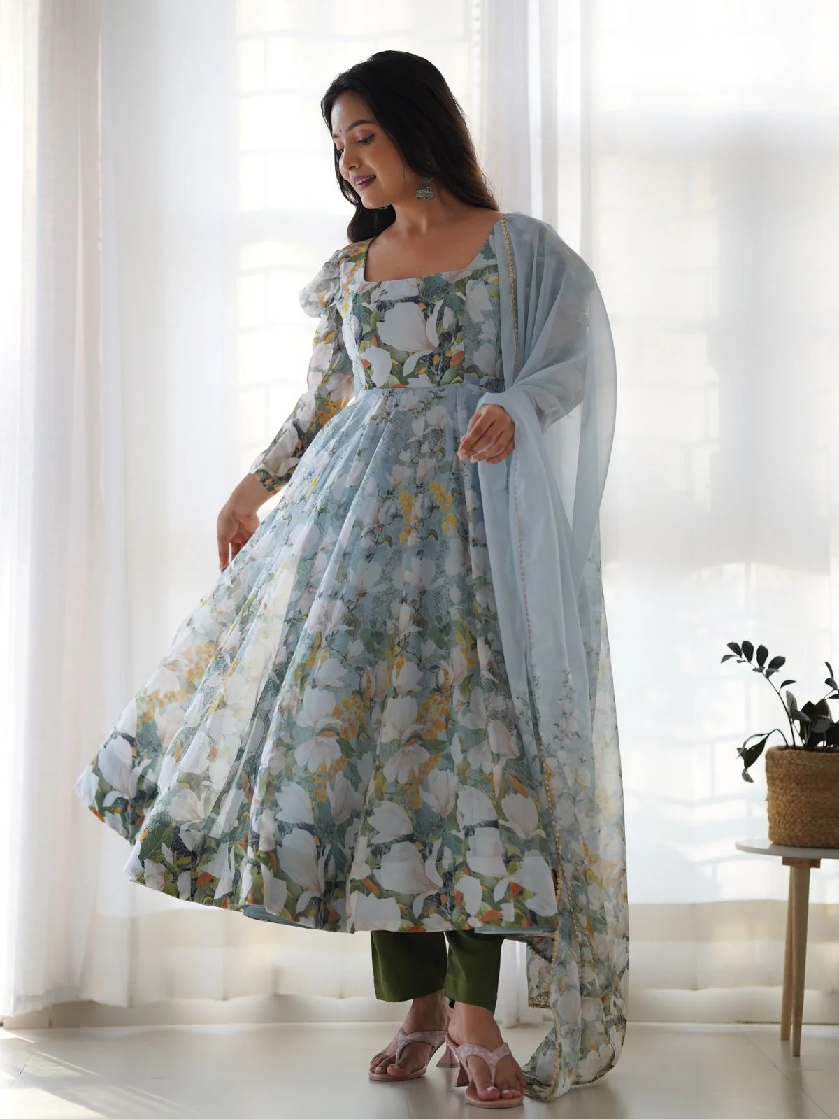 Odette Multi-colour Organza Silk Floral Digital Print Stitched Kurta Set For Women - Image 4