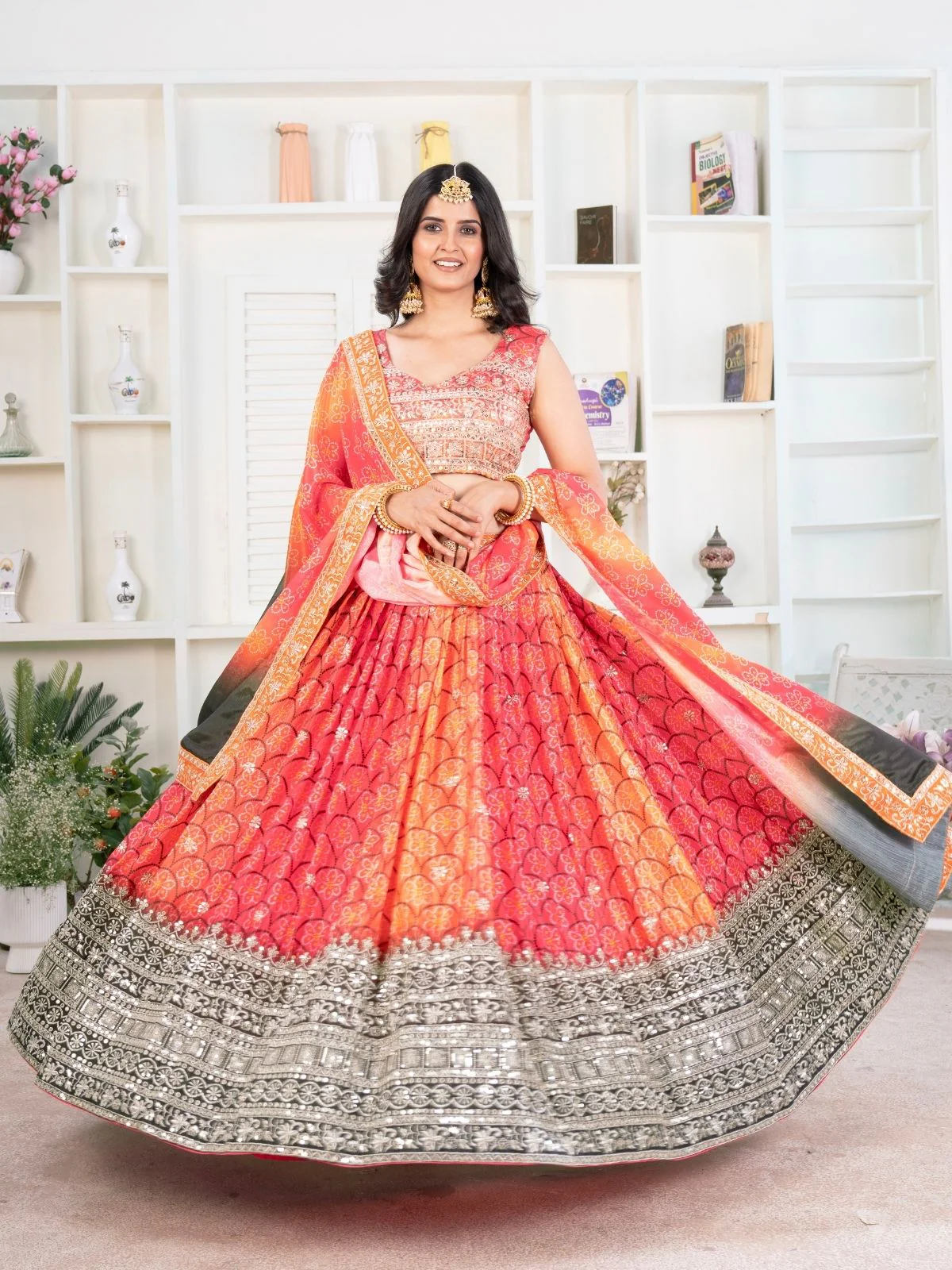 Odette Multi Colour Silk Blend Embellished Semi Stitched Lehenga For Women