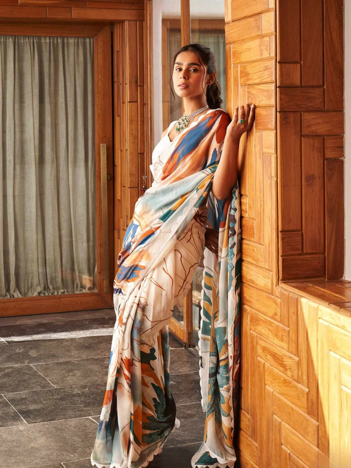Odette Multi Georgette Printed Saree With Unstitched Blouse For Women