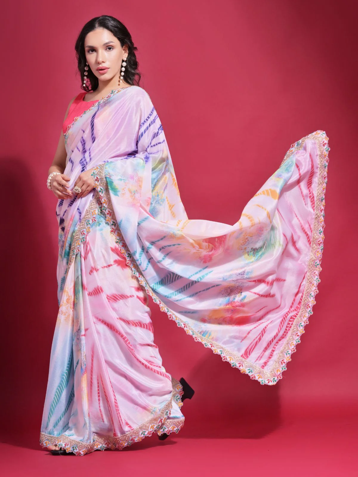 Odette Multicolor Printed Chiffon Saree With Unstitched Blouse For Women - Image 2